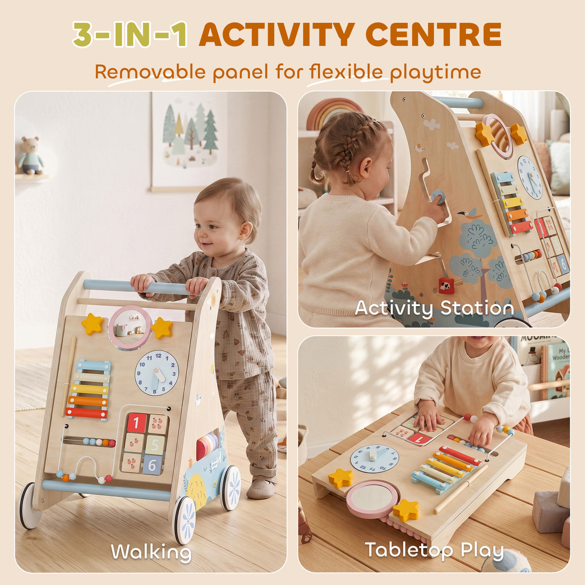 AIYAPLAY Wooden Baby Walker with Detachable Double-Sided Activity Board, Push Along Walker, Gift for Boys Girls 1-3 Years