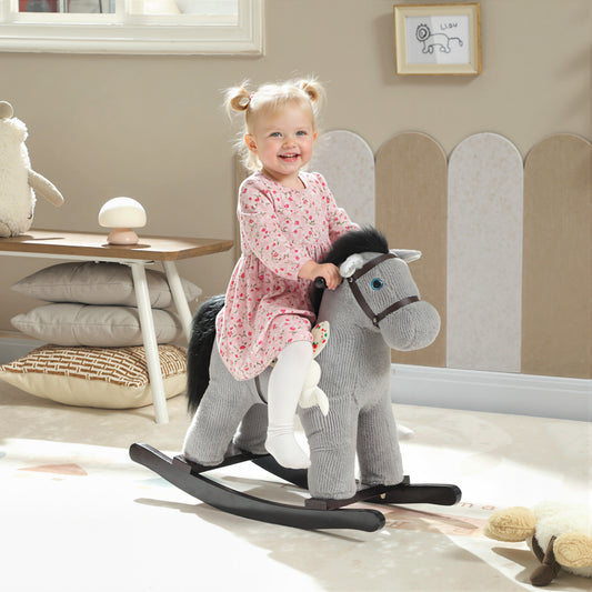 AIYAPLAY Baby Rocking Horse, Plush Ride on Toy with Handle Grip, Sound and Doll, Toddler Animal Rocker for Kids Aged 2-5, Grey