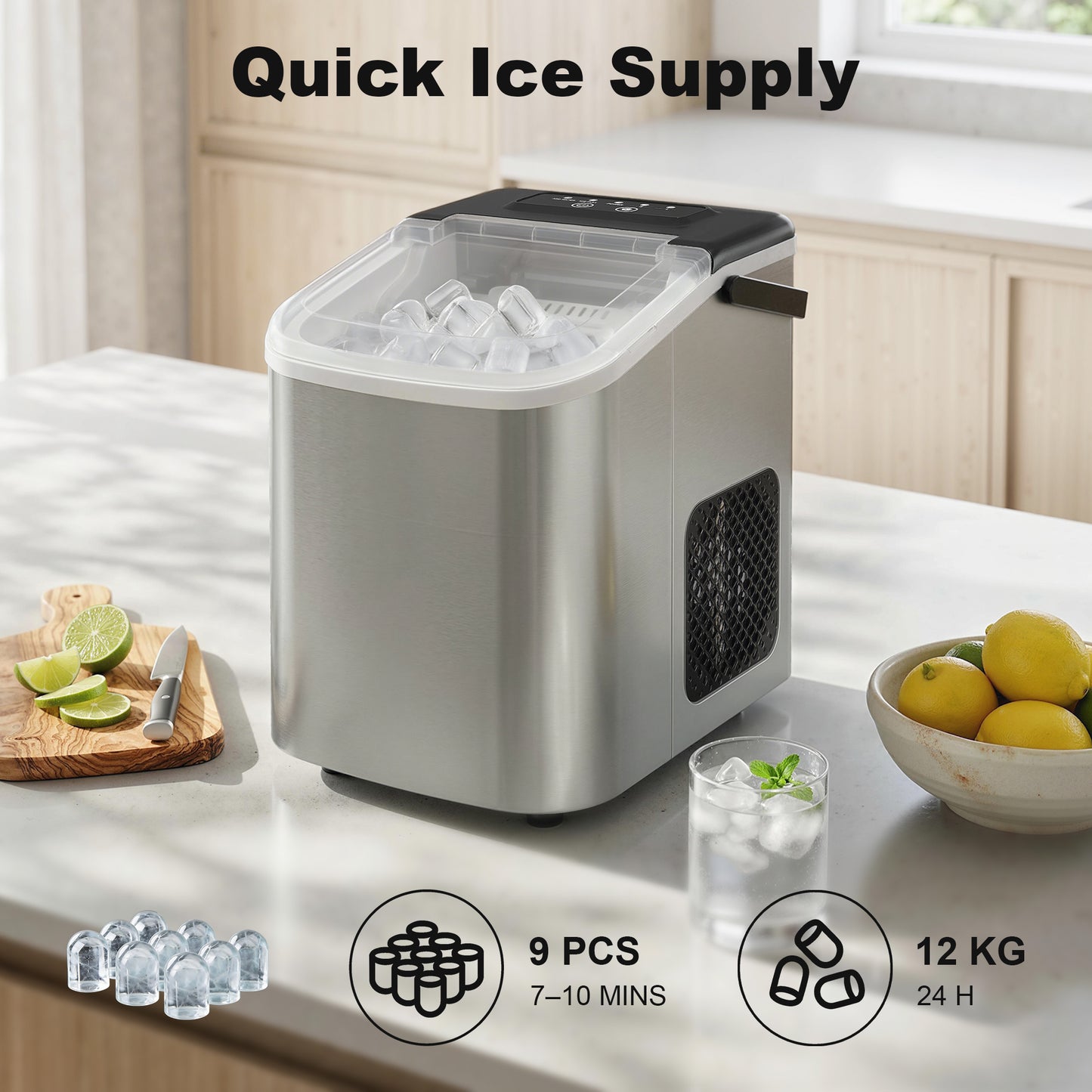 HOMCOM Ice Maker Machine Countertop, 9 Cubes Ready in 7 Mins, 12 KG in 24Hrs, 2 Sizes of Bullet, Self-Cleaning Ice Machine with Handle, Scoop & Basket for Home Kitchen Office RV, Stainless Steel