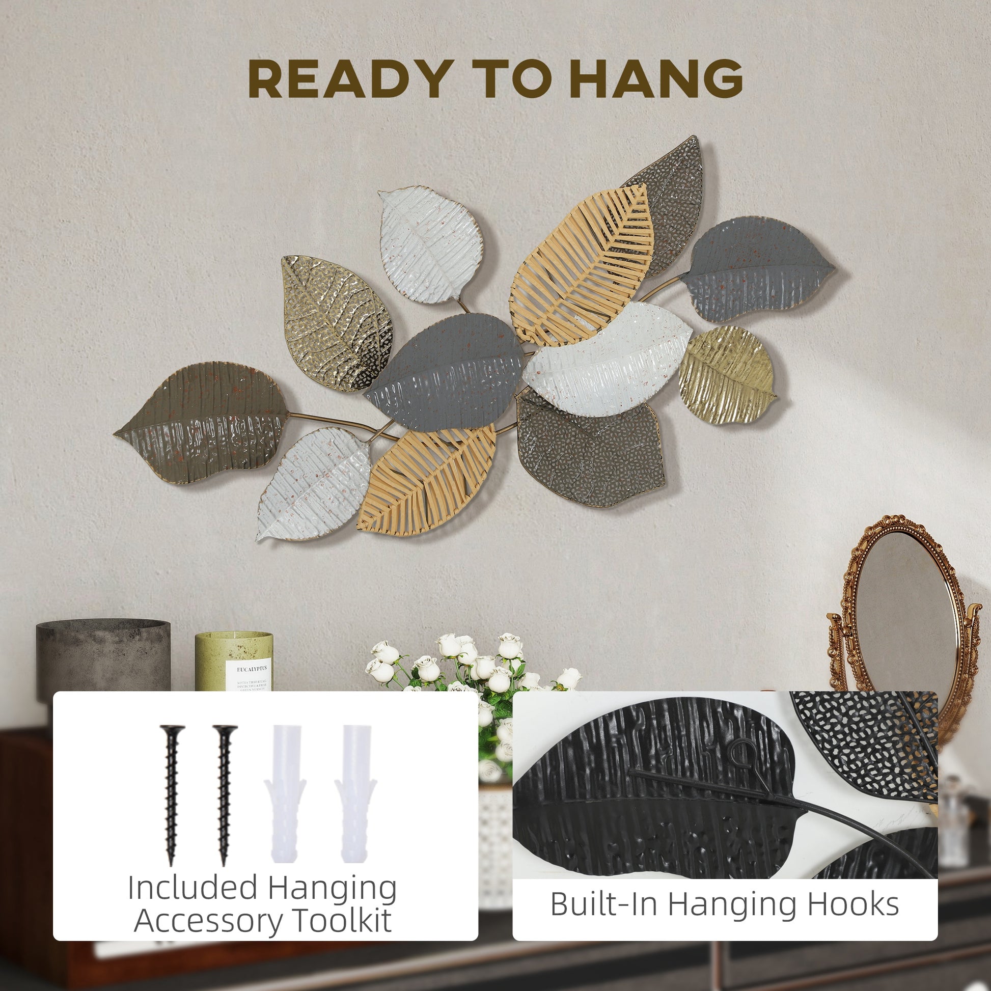 HOMCOM Metal Wall Art, Modern Hanging Wall Decor with Unique Leaf Design for Living Room Bedroom Entryway