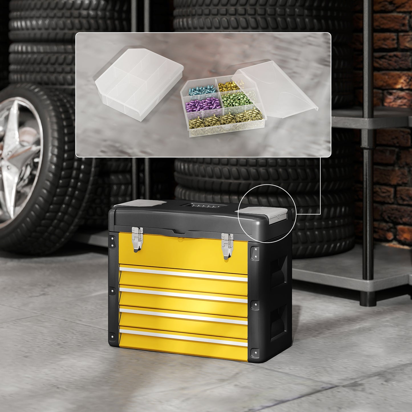 HOMCOM 4 Drawers Large Toolbox - Yellow