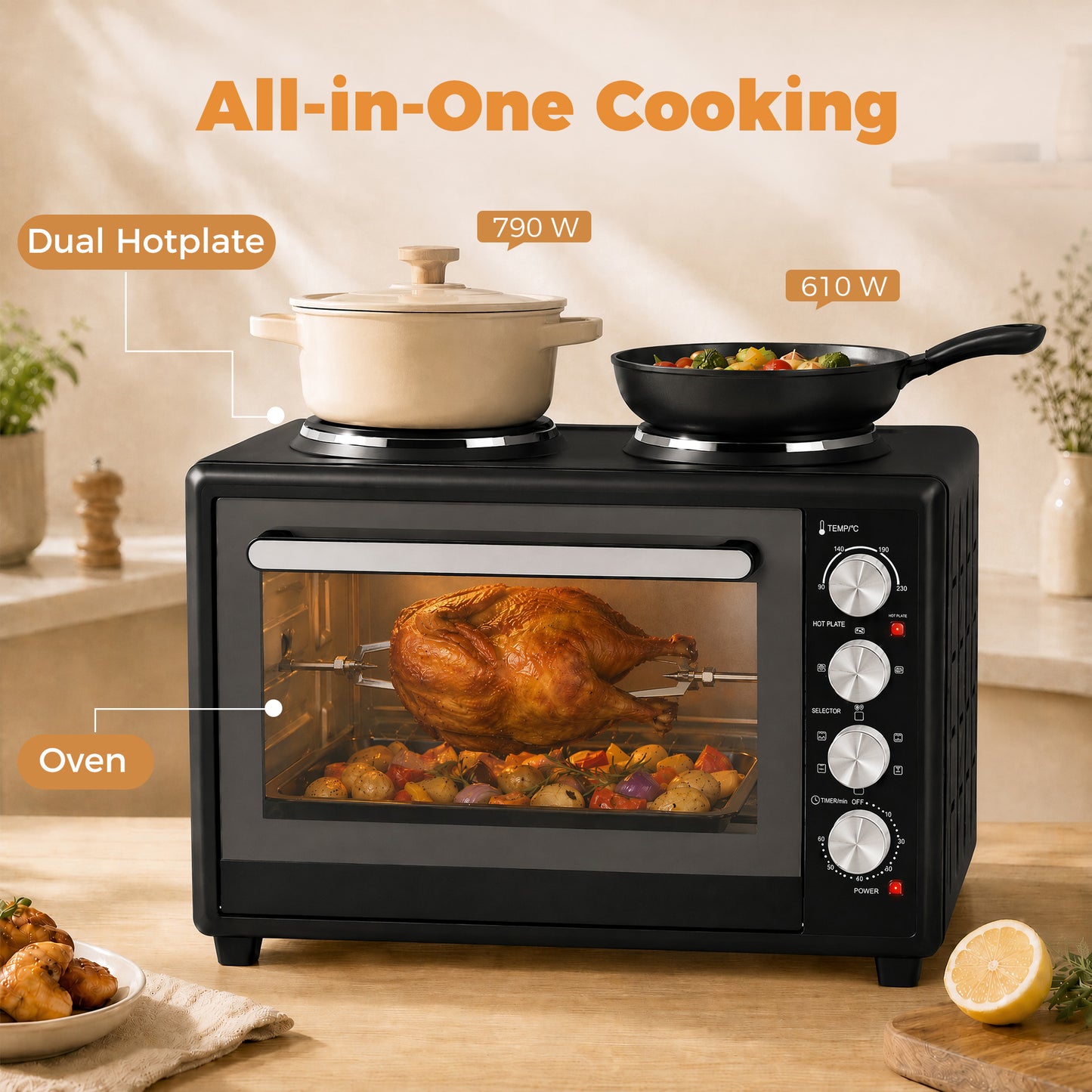 HOMCOM 36L Mini Oven with Dual Hot Plates, Electric Countertop Cooker with Convection, 90â€“230Â°C Adjustable Temperature