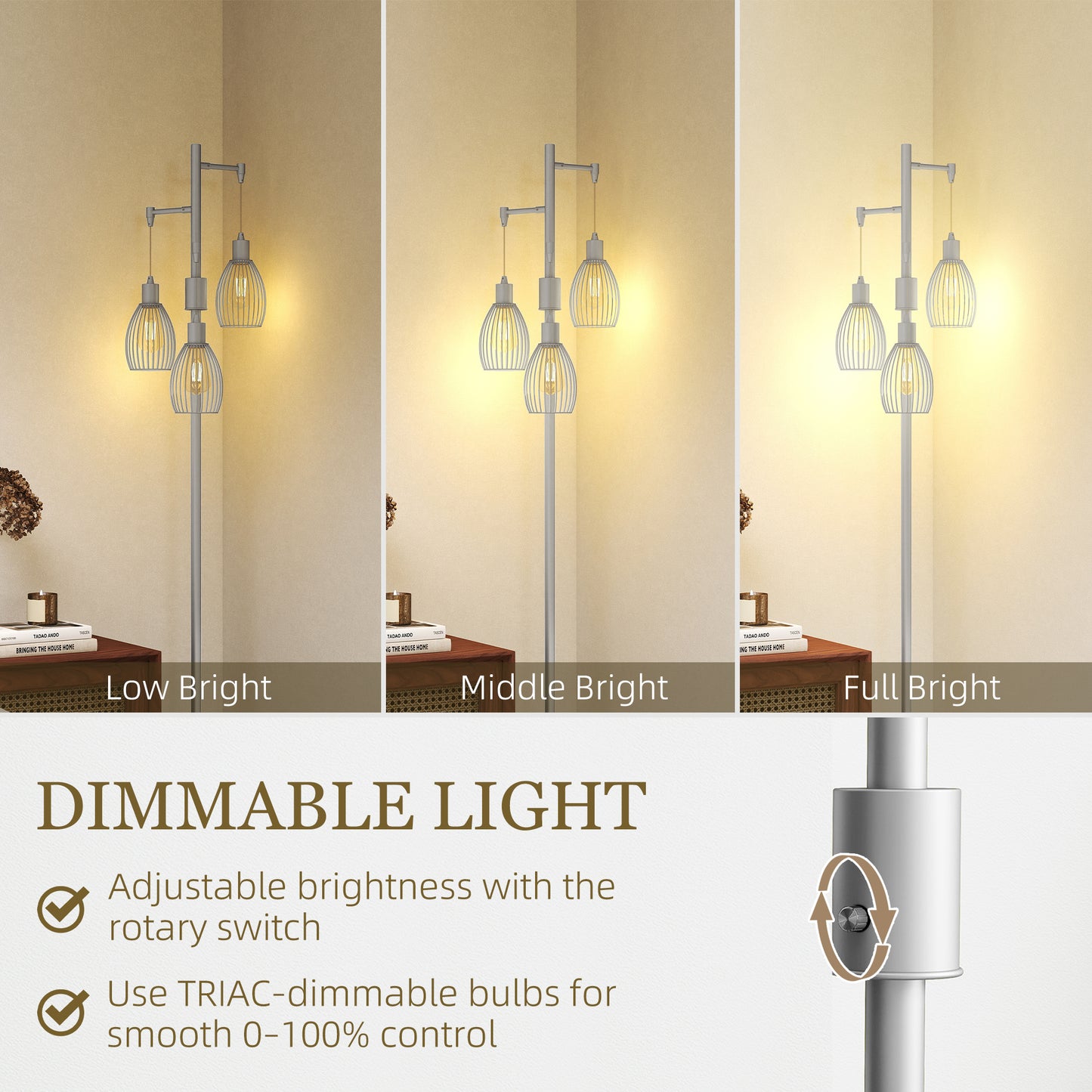 HOMCOM 3-Light Floor Lamp, 170cm Industrial Dimmable Standing Lamp with Steel Wire Cage Lampshades for Living Room, Bedroom, Dining Room, Study, Bulb Not Included, Silver Tone