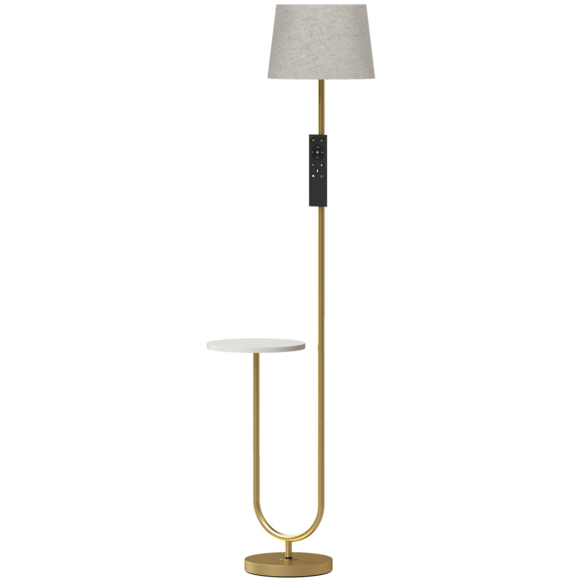 HOMCOM Modern Floor Lamp with Shelf, Dimmable Floor Lamp with Linen Shade, RF Remote and Foot Switch for Living Room, Gold Tone Default Title