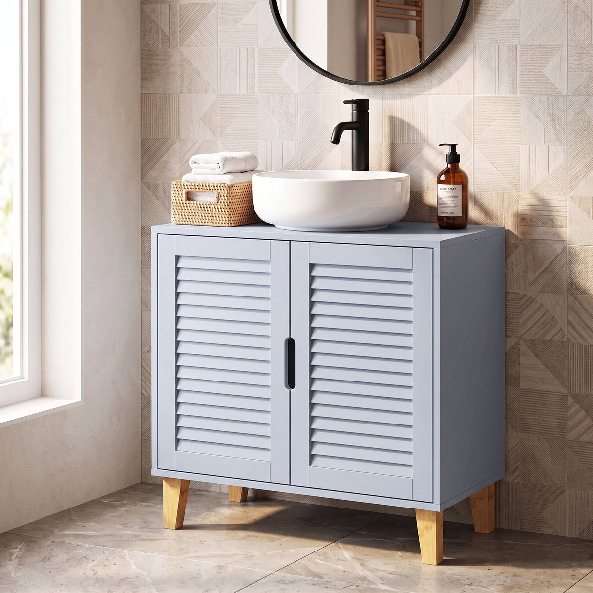 HOMCOM Under Sink Bathroom Cabinet Adjustable Shelf Under Sink Cabinet 2 Louvered Doors, Grey