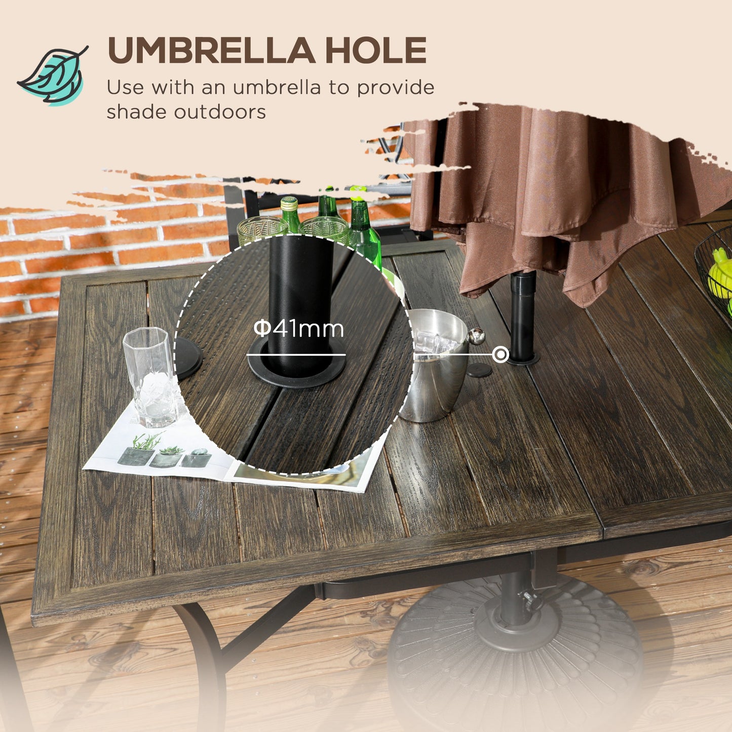 Outsunny Six-Seater Steel Garden Table, with âŒ€41mm Parasol Hole - Wood-Effect