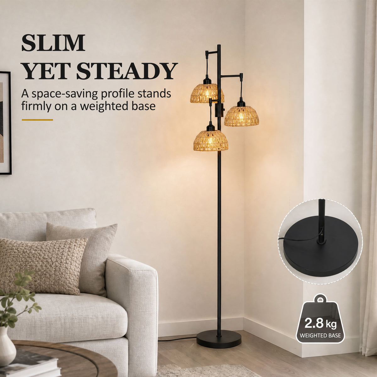 HOMCOM 3-Light Floor Lamp, Standing Lamp with Paper Rope Shades, 4-Stage Rotary Switch for Living Room, Bedroom, Study