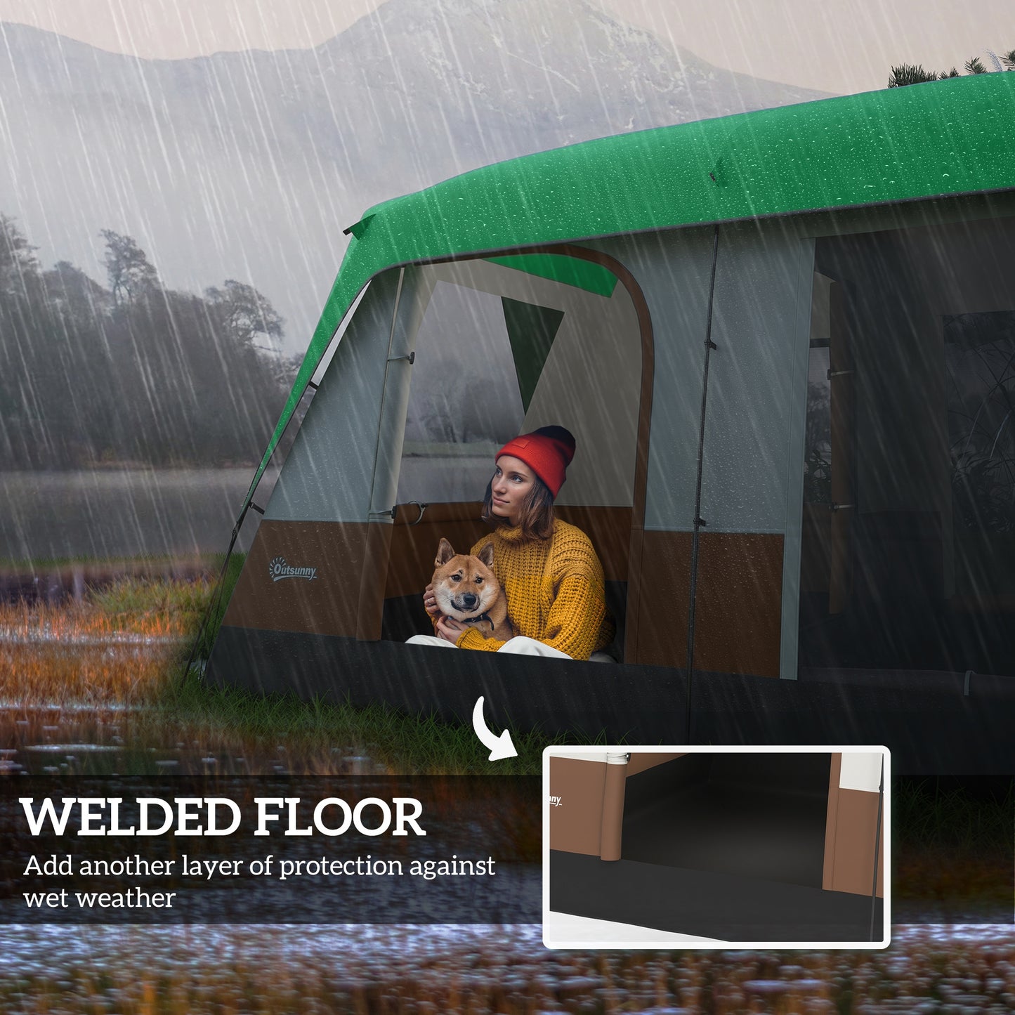 Outsunny Six-Man Camping Tent, with Small Rainfly and Accessories - Green