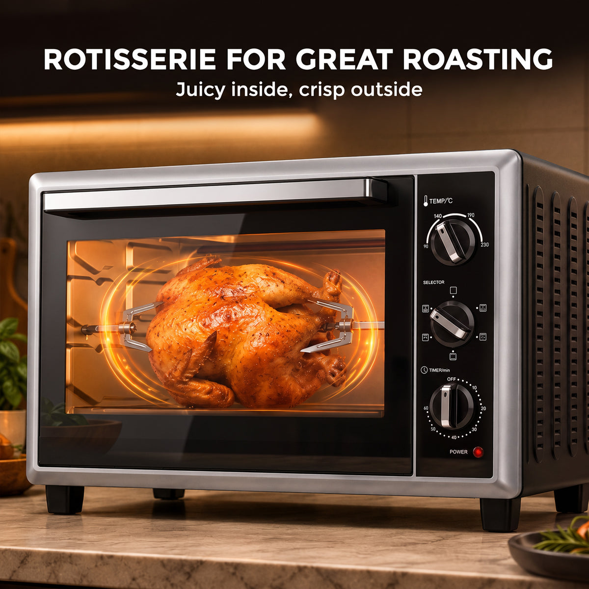 HOMCOM 36L Mini Oven with Convection, Electric Countertop Cooker with Rotisserie, 90â€“230Â°C Adjustable Temperature, 1500 W