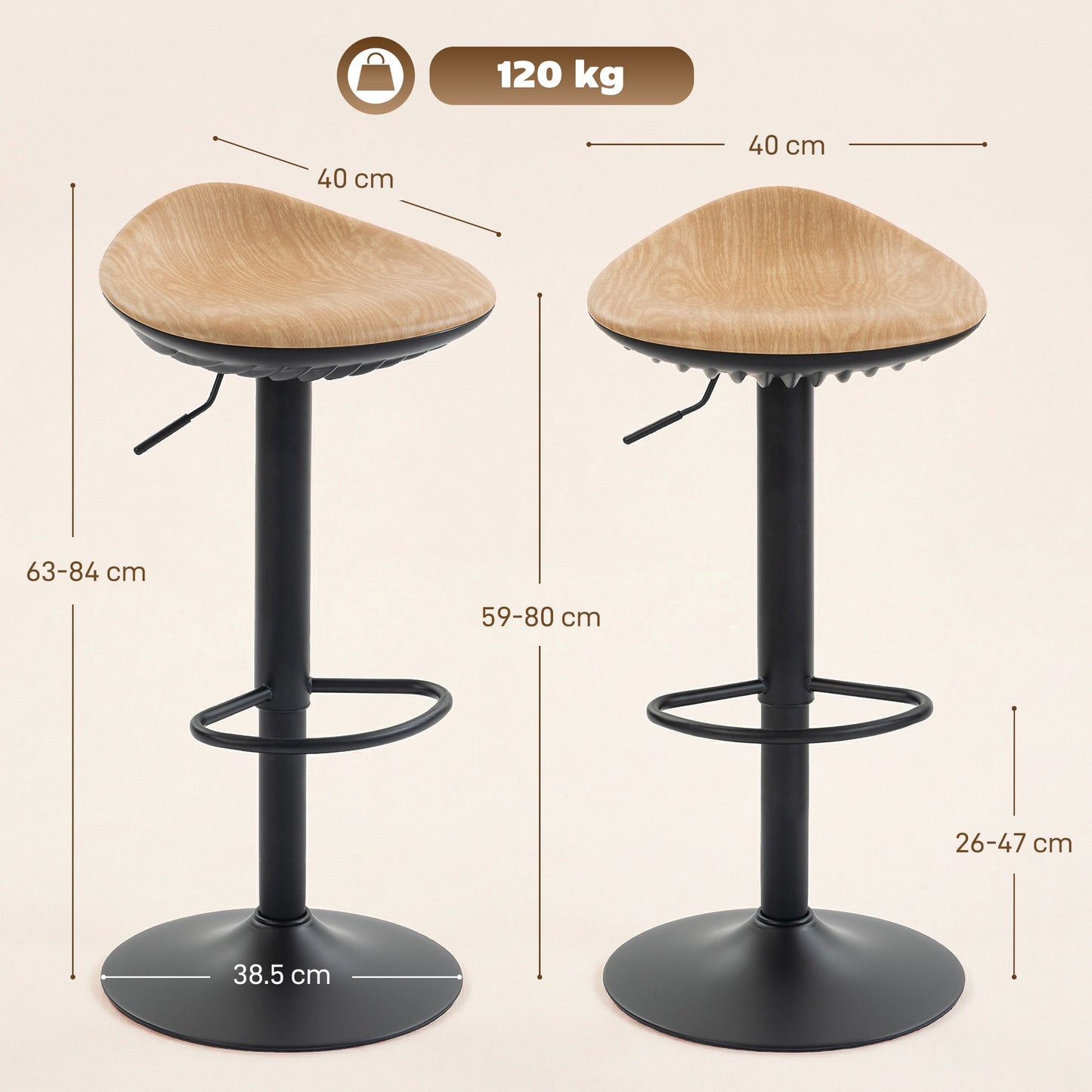 HOMCOM Set of 2 Barstools PU Leather Kitchen Stools with Saddle Seat Height Adjustable Swivel Kitchen Chairs with Footrest Oak