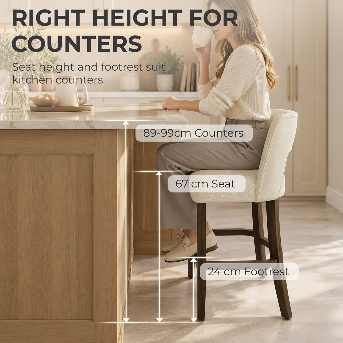 HOMCOM Bar Stools Set of 2, Counter Height Bar Stools with Curved Backrest, for Kitchen Island, Dining Room, Living Room, Beige