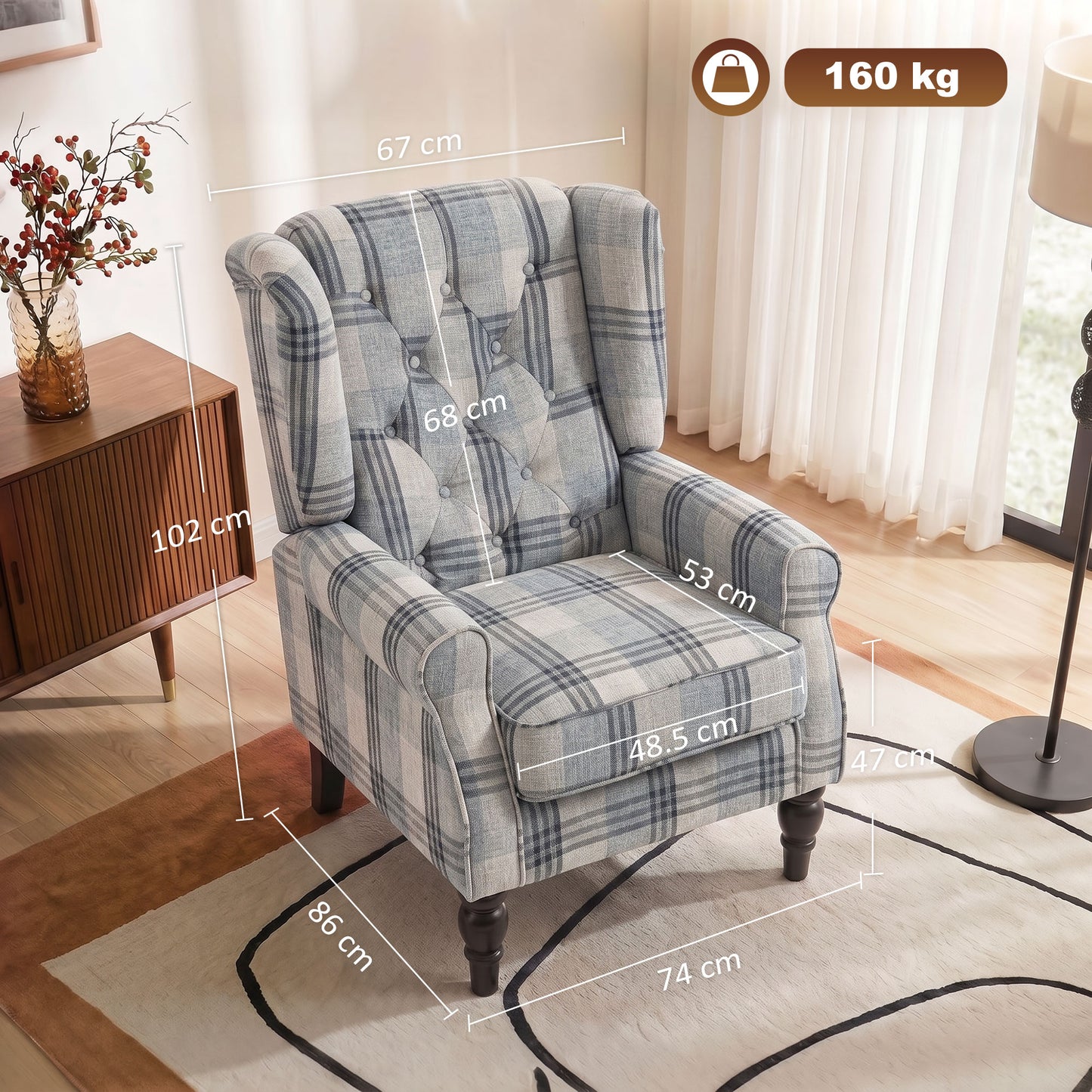 HOMCOM Faux Linen Armchair with Thick Spring Cushion, Wingback Accent Chair with High Back, Solid Wood Legs, Mixed Plaid