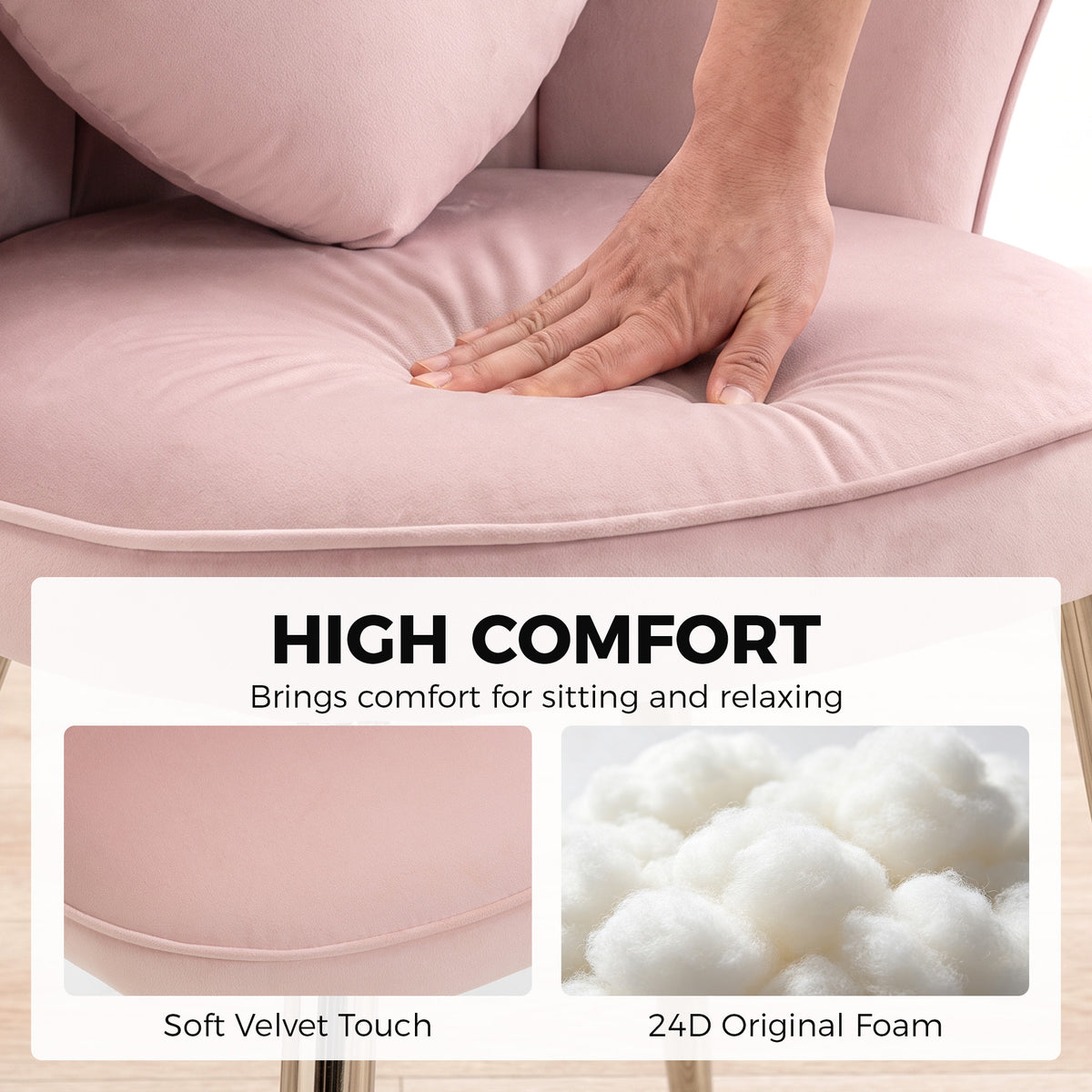 HOMCOM Accent Chair Velvet Upholstered Armchair Lotus Back Heart Pillow Lumbar Pillow Metal Legs Soft Pink