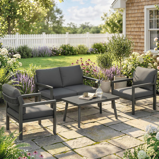 Outsunny 4 Seater Rattan Garden Furniture Set with 2 Armchairs, Loveseat, Coffee Table, Dark Grey
