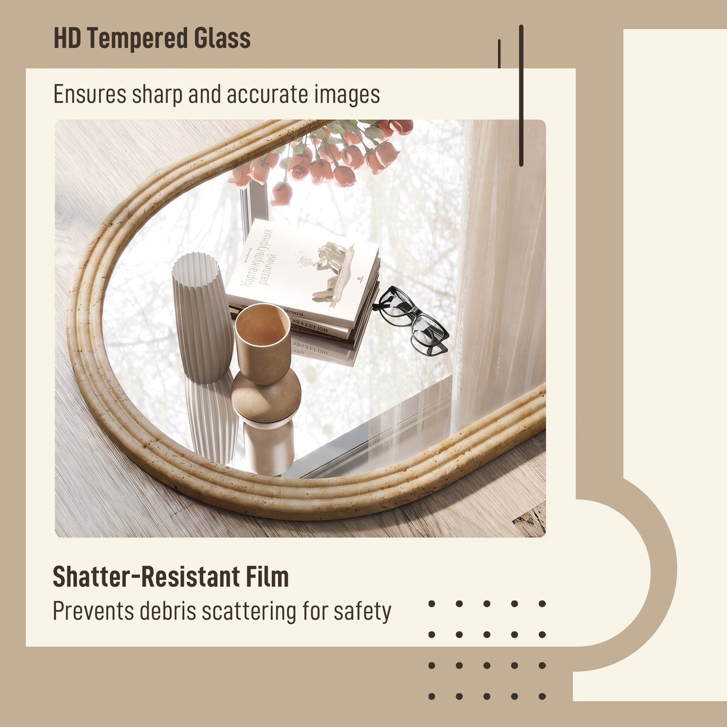 HOMCOM Modern Wall-Mounted Mirror, Arched Wall Mirror with Grooved Edge for Living Room, Entryway, Hallway, Brown