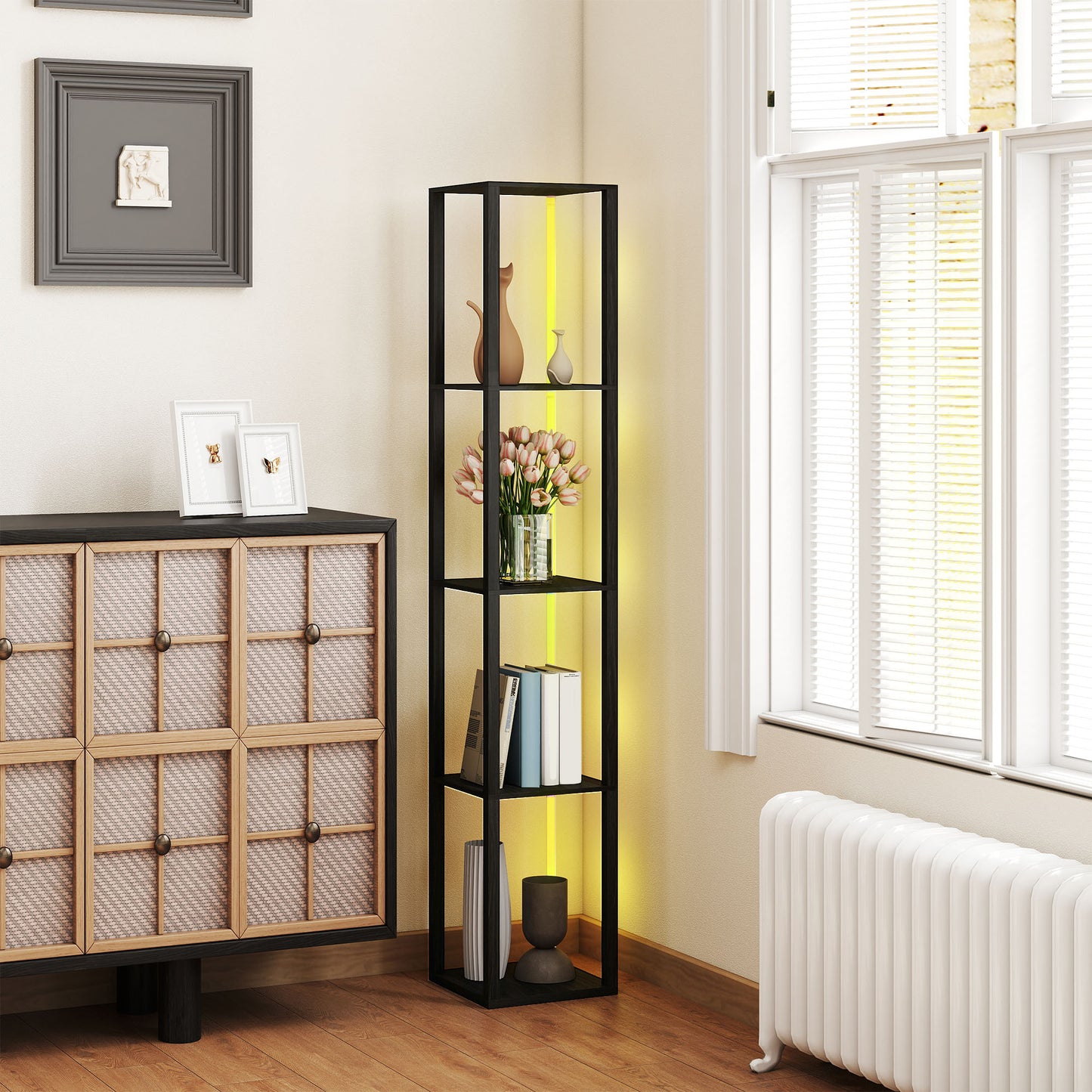 HOMCOM RGB LED Floor Lamp with Shelves, Modern Dimmable Standing Lamp with Remote Control, Adjustable Brightness & Speed for Living Room, Bedroom, Office, Black