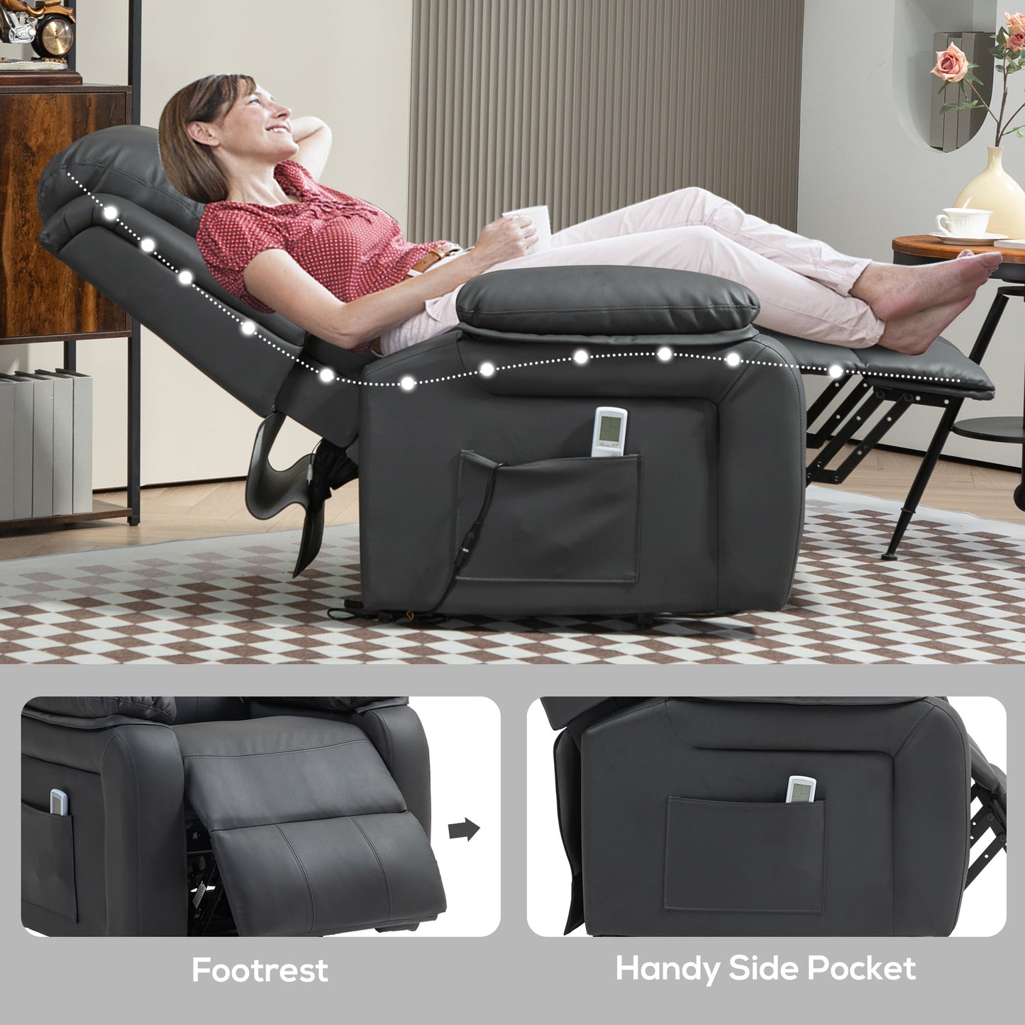 HOMCOM Riser and Recliner Chair with Vibration Massage, PU Leather Power Lift Chair for Elderly, Dark Grey