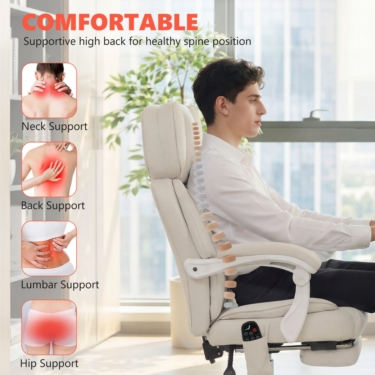 HOMCOM Office Chair with Massage, Heat, Adjustable Headrest, Leathaireâ€Œ Reclining Desk Chair with Footrest, Cream White