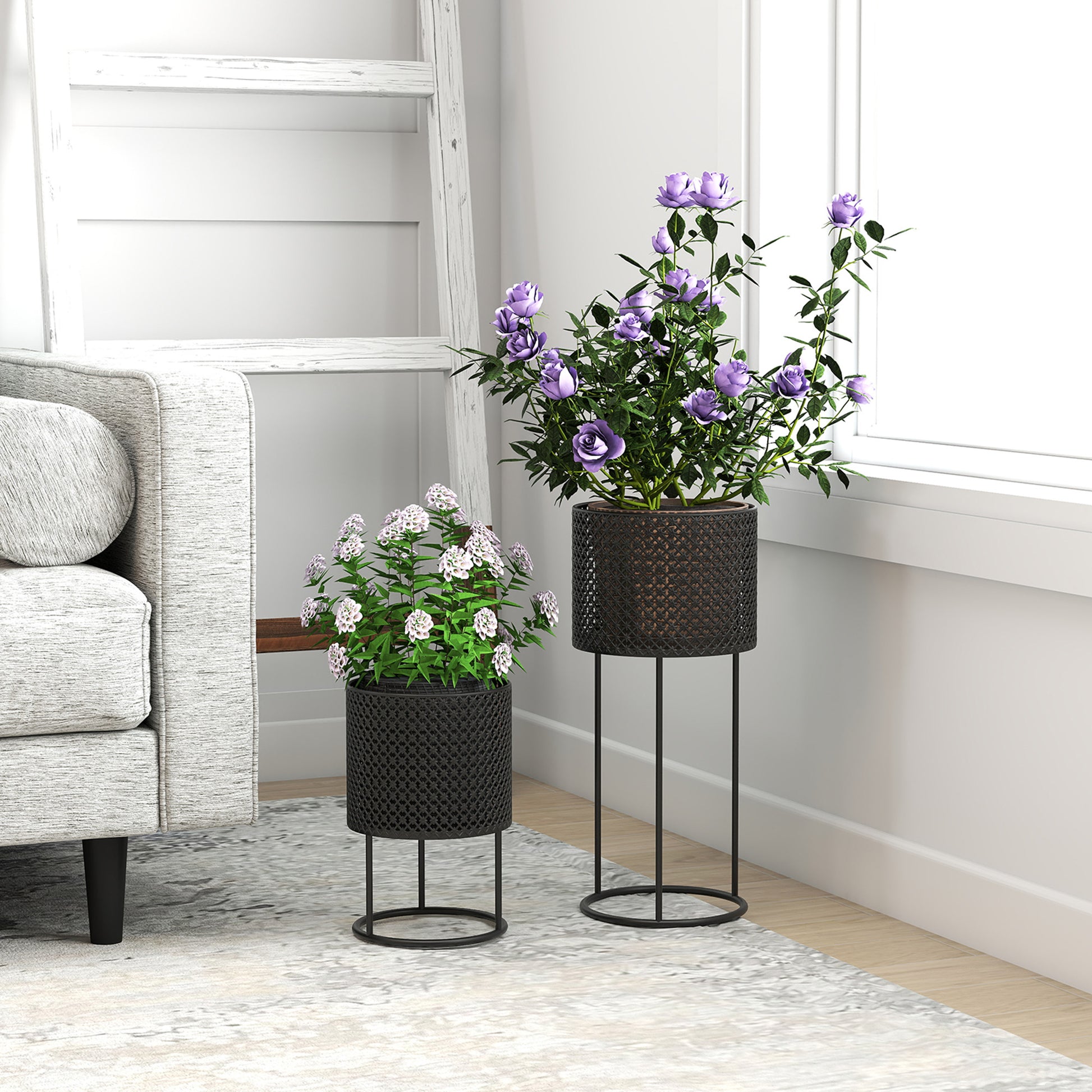 Outsunny Metal Plant Pots Set of 2 with Hollow Design Flower Planters for Garden Balcony Black