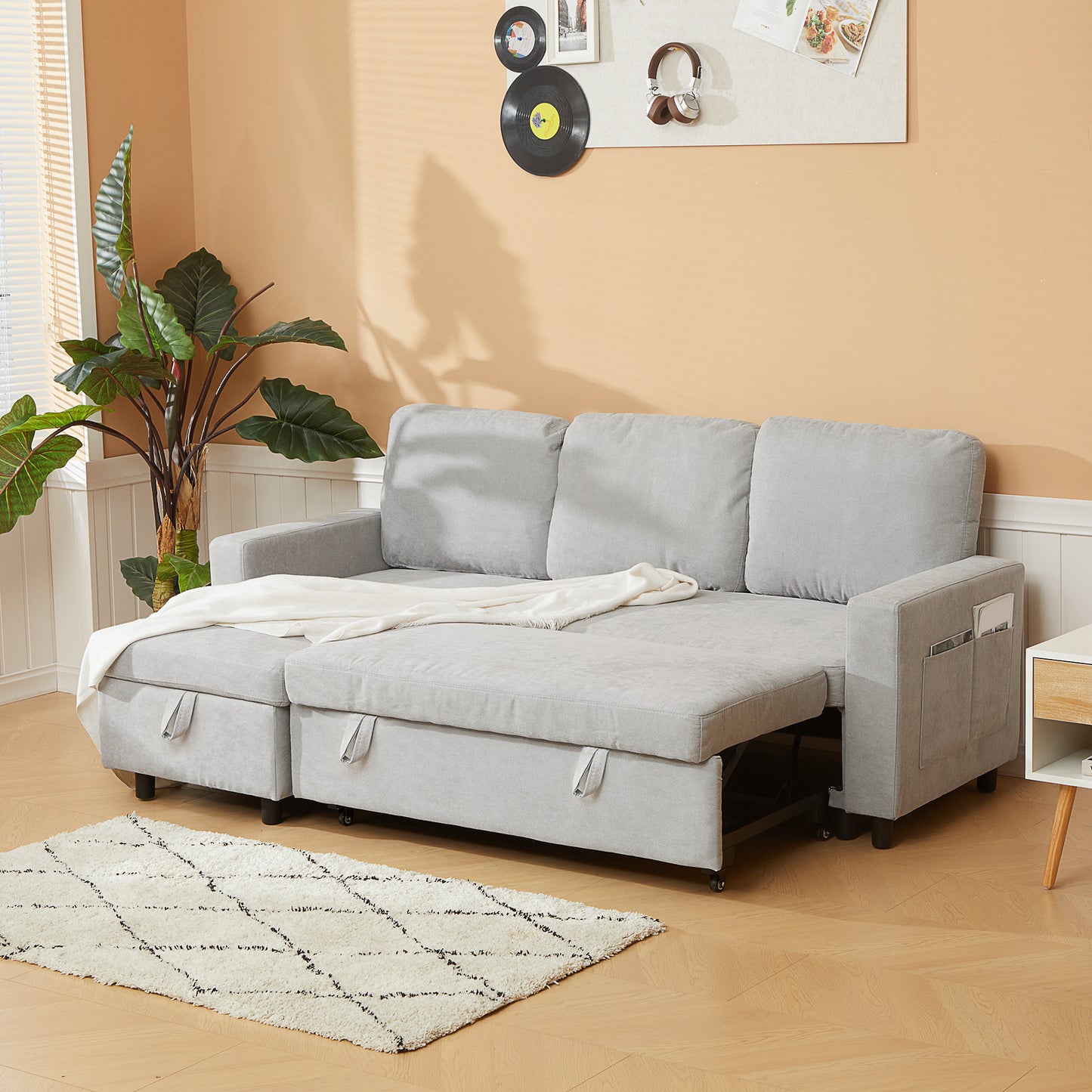 HOMCOM L Sofa Bed, with Storage - Light Grey