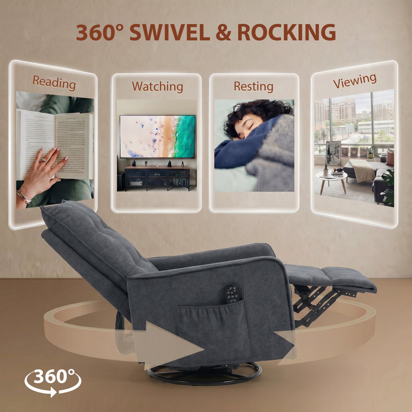 HOMCOM Recliner Armchair, Chenille Recliner Chair with Massage and Heat, 360Â° Swivel Rocking Manual Recliner, Dark Grey