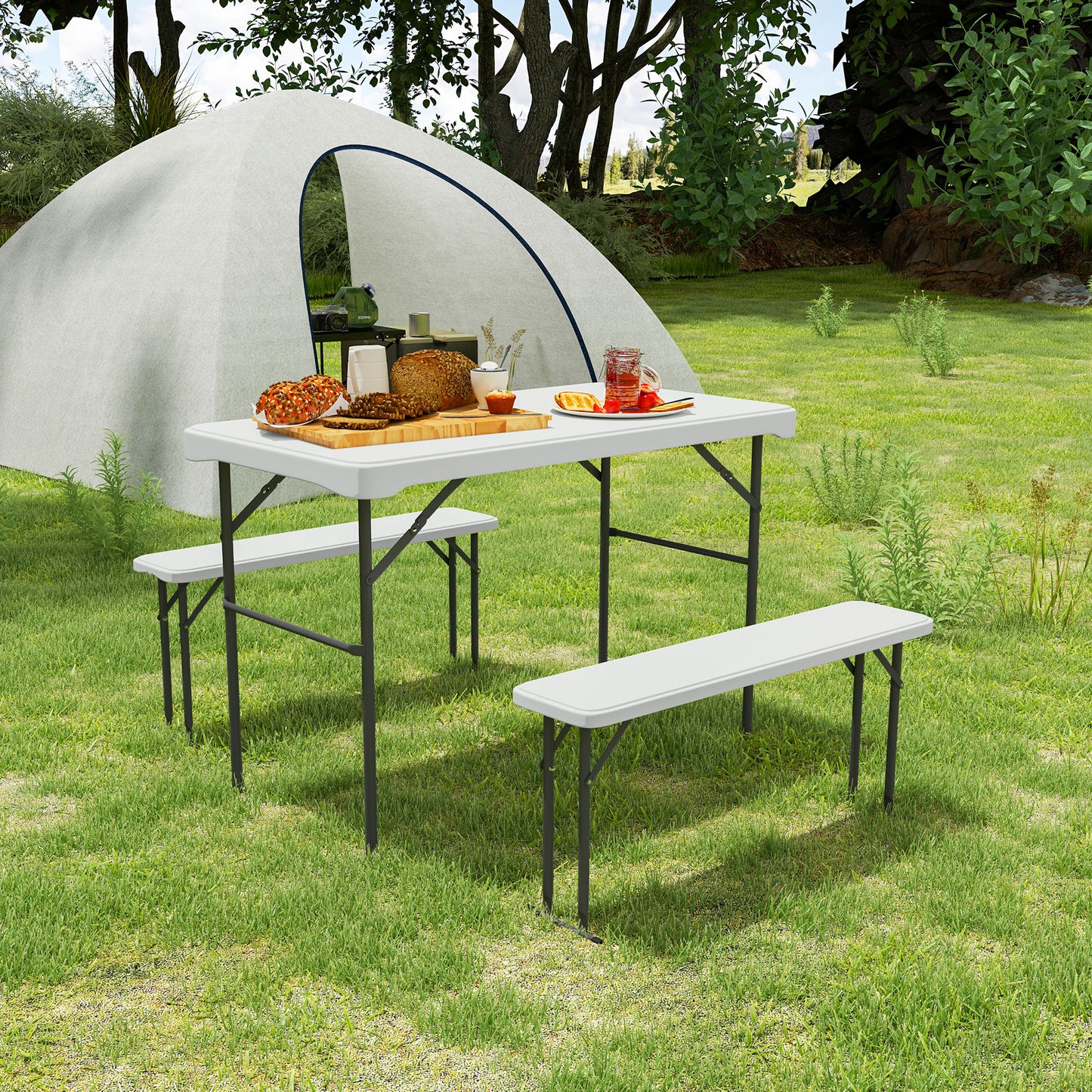 Outsunny Three-Piece Folding Picnic Table and Bench Set - White