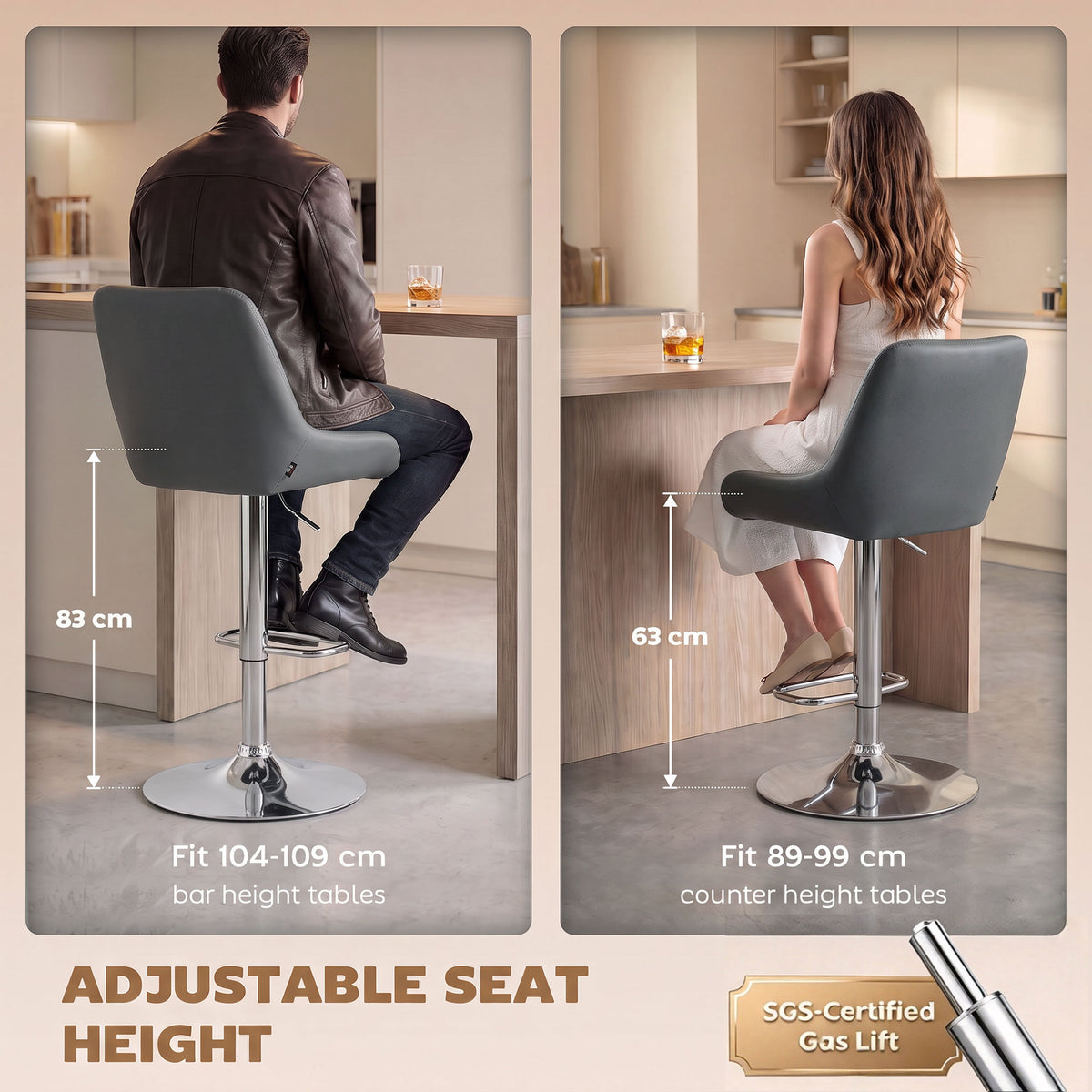 HOMCOM Grey Bar Stools Set of 2, Upholstered Retro Bar and Kitchen Chairs with Back, Swivel Seat, PU, Dark Grey