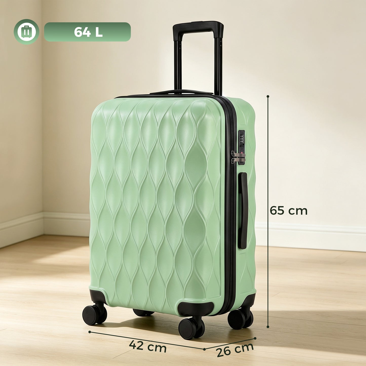 HOMCOM 65cm 64L Suitcase, Lightweight ABS Hard Shell Carry On Luggage with TSA Lock, Spinner Wheels, Telescopic Handle, Green