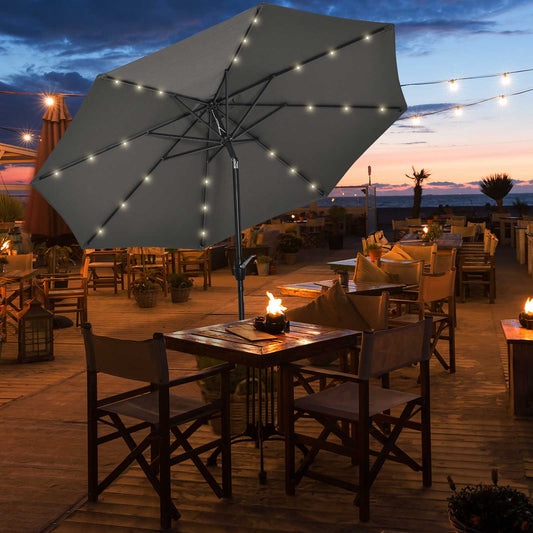 Outsunny Î¦2.7m Garden 24 LED Light Parasol Solar Outdoor Tilt Sun Umbrella Patio Club Party Event Manual Sun Shade w/ Hand Crank and 8 Ribs, Grey