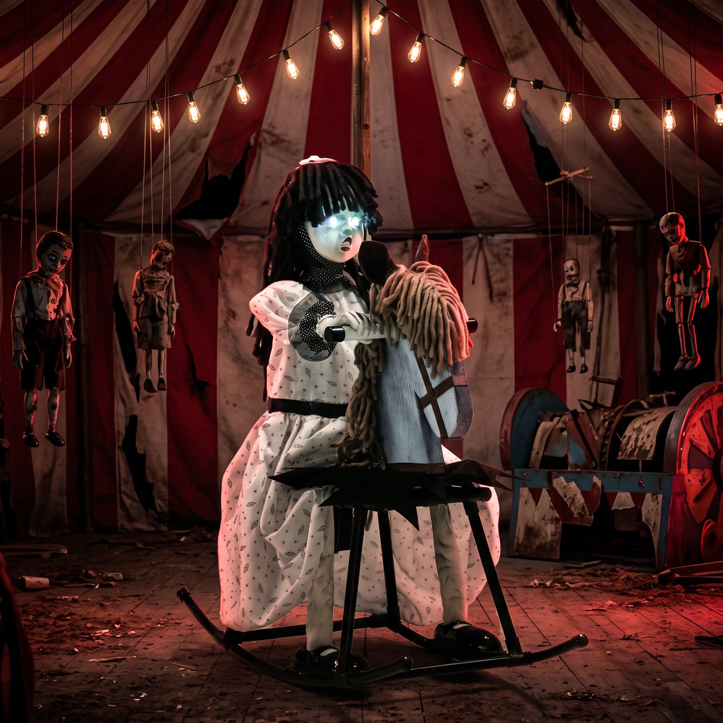 HOMCOM Animated Halloween Girl Riding Horse, Halloween Animatronics with Creepy Rhymes, Glowing Eyes, Sound/Touch Activated