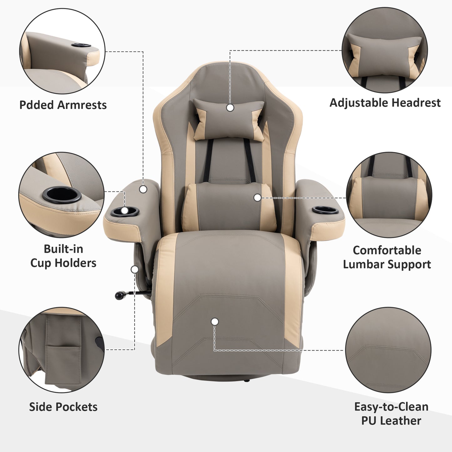 HOMCOM Manual Recliner Armchair PU Leather Lounge Chair w/ Adjustable Leg Rest, 135° Reclining Function, 360Â° Swivel, Grey