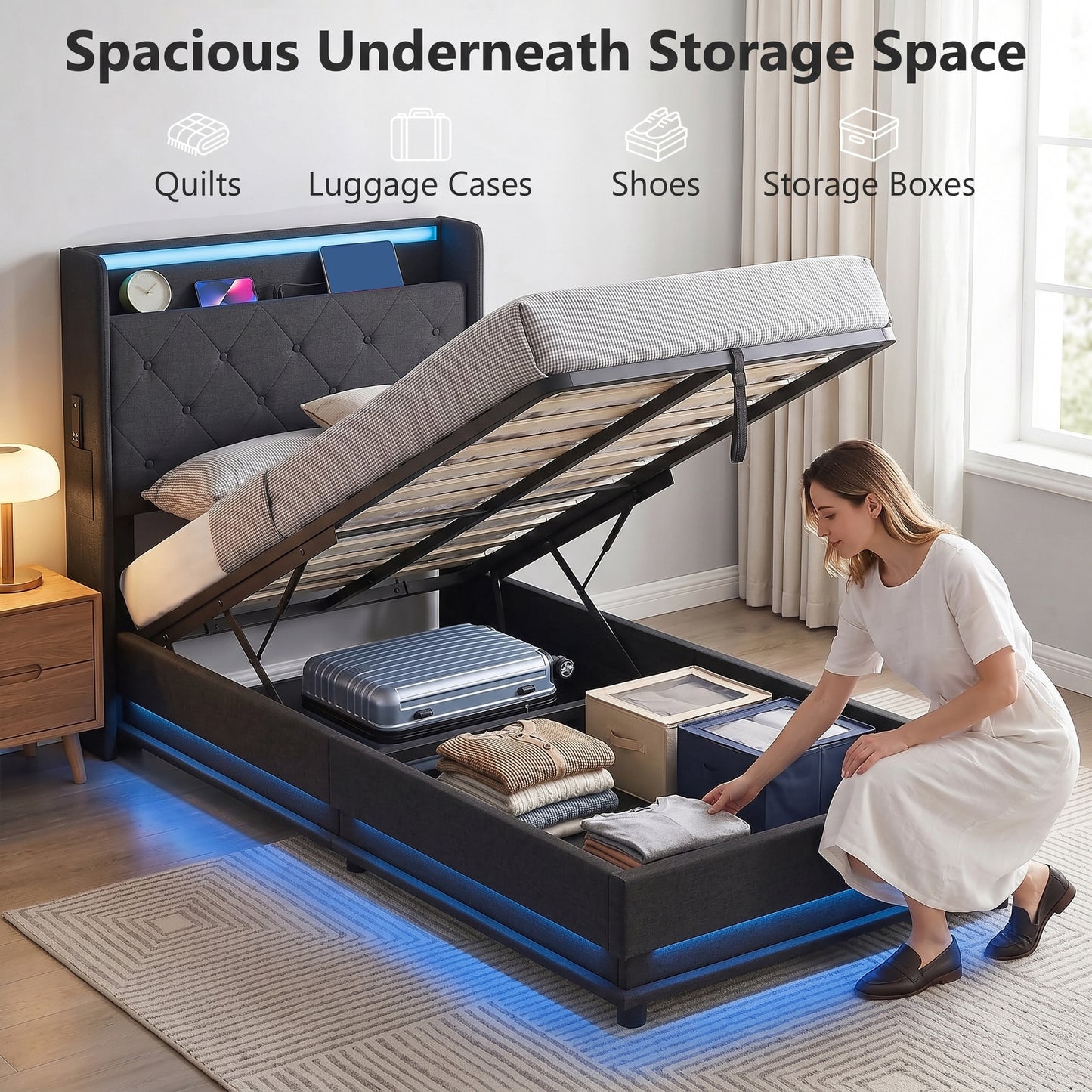 HOMCOM 3ft Single Bed Frame with Headboard, Platform Bed Frame with Hydraulic Storage, LED Lights and Charging Station, Black