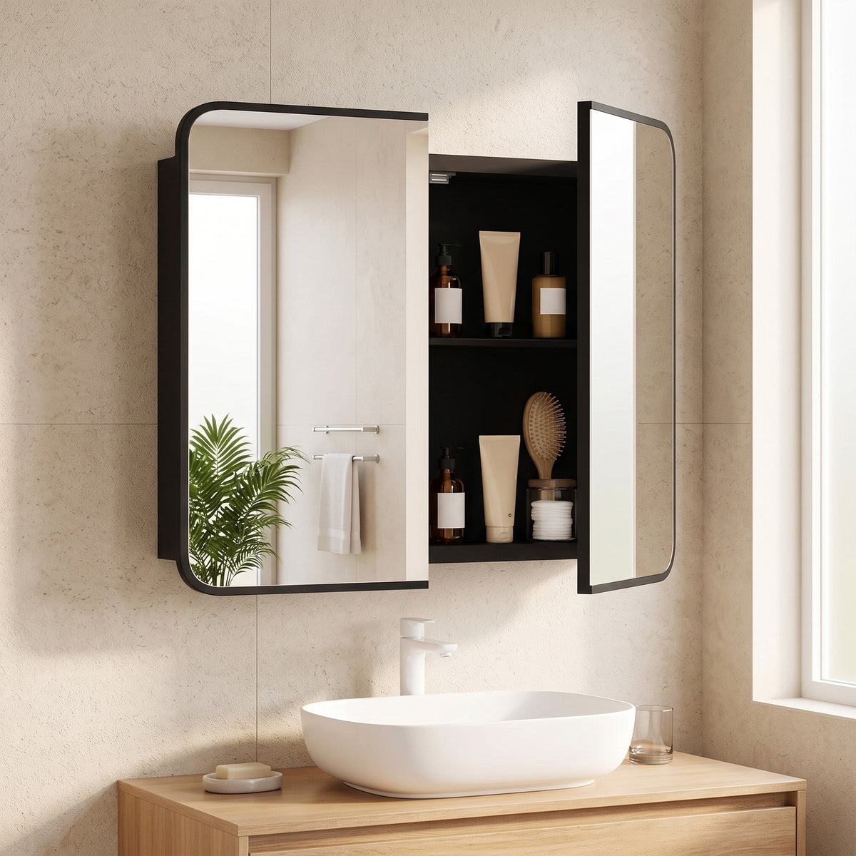 HOMCOM Bathroom Medicine Mirror Cabinet, Bathroom Wall Cabinet with Storage, Magnetic Doors and Adjustable Shelf, Black