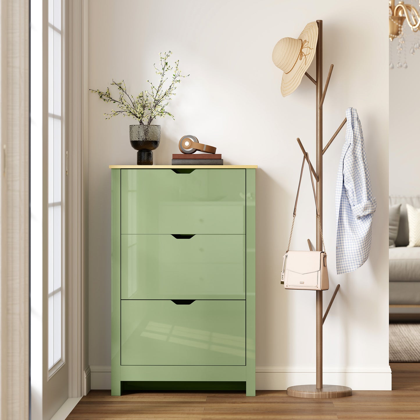 HOMCOM Slim Shoe Cabinet, Narrow Shoe Cupboard with 3 Flip Drawers, Adjustable Shelves for 18 Pairs of Shoes, High Gloss Green