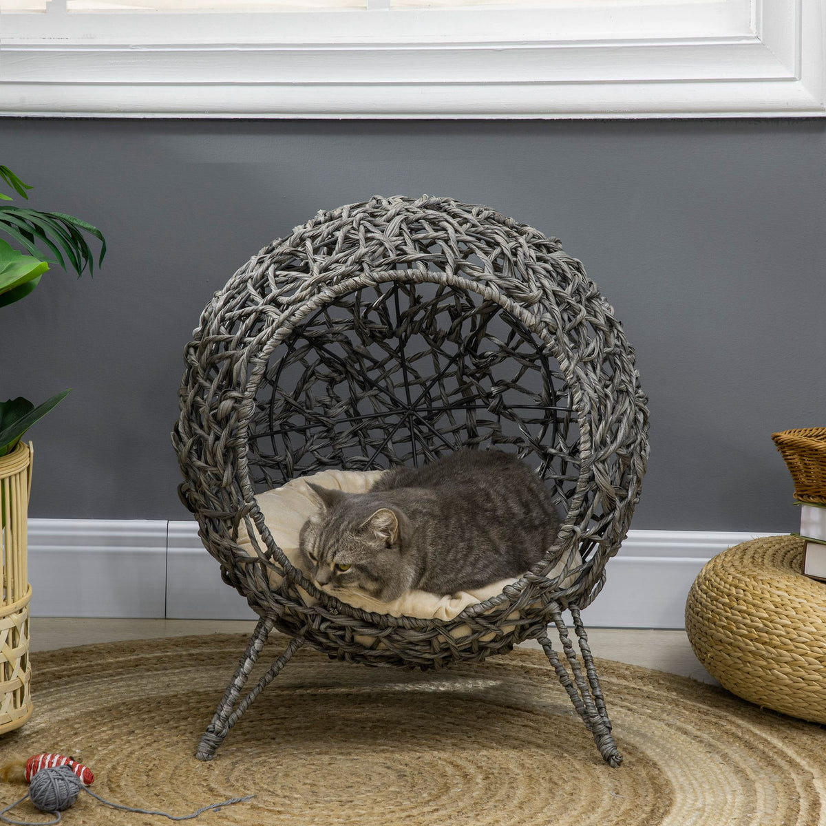 PawHut Raised Rattan Cat House, with Cushion - Silver-Tone & Grey
