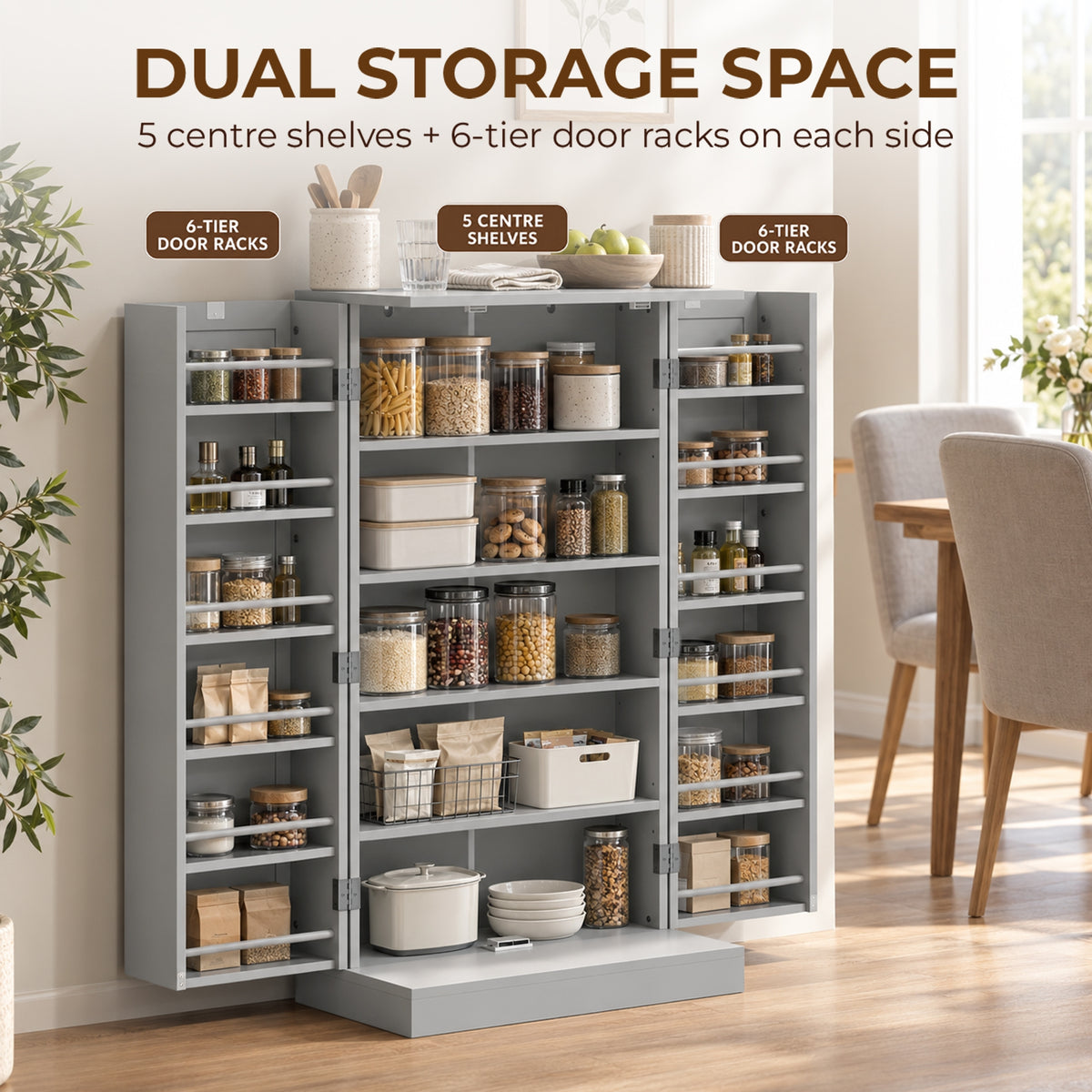 HOMCOM Kitchen Cupboard, Freestanding Multi-Storage Kitchen Pantry Cabinet with Adjustable Shelves, Grey