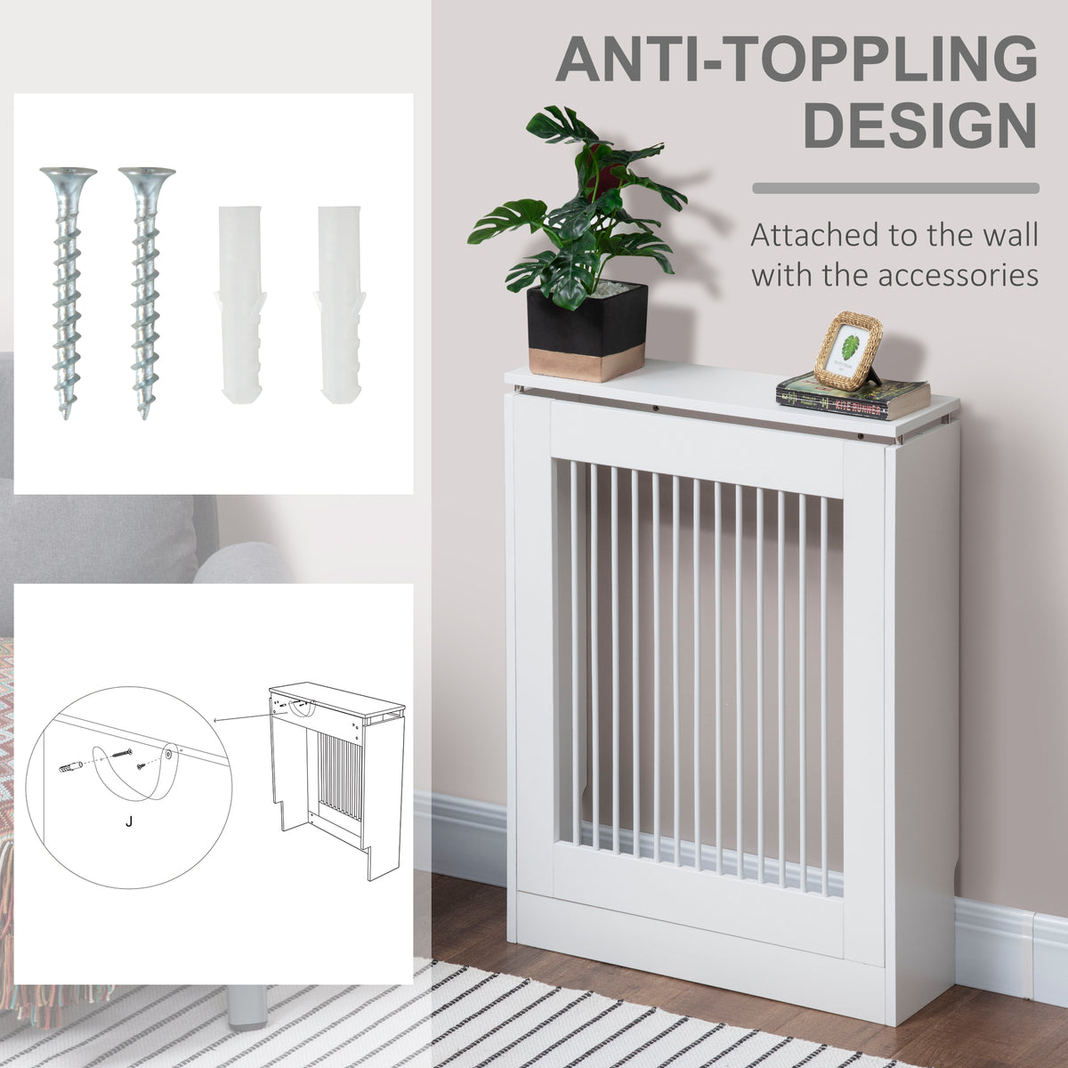 HOMCOM Radiator Cover Vertical Slatted Grille Heater Cover Top Shelf MDF Steel for Heat Circulation 60 x 18 x 84 cm White