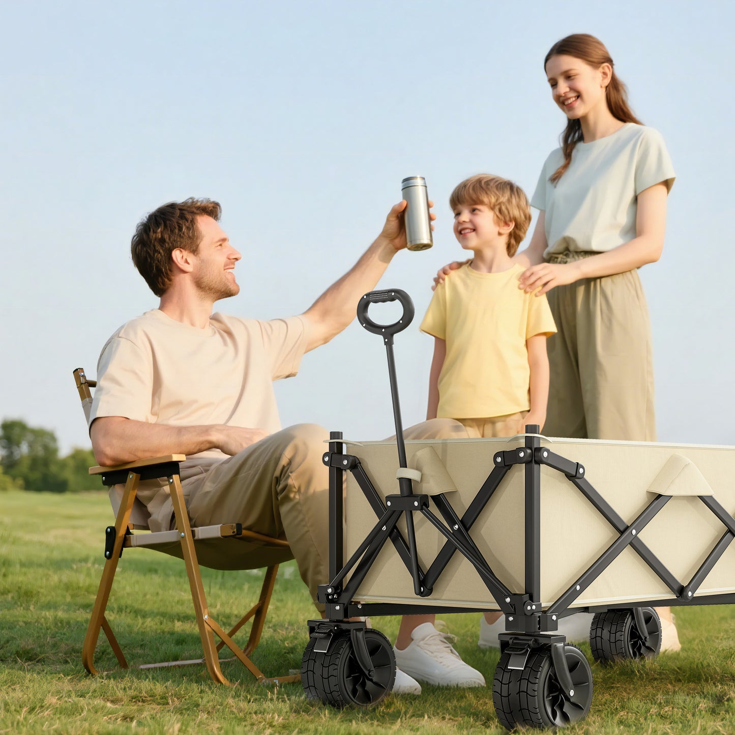 Outsunny Folding Garden Trolley, Outdoor Wagon Cart with Carry Bag, for Beach, Camping, Festival, 120KG Capacity, Khaki