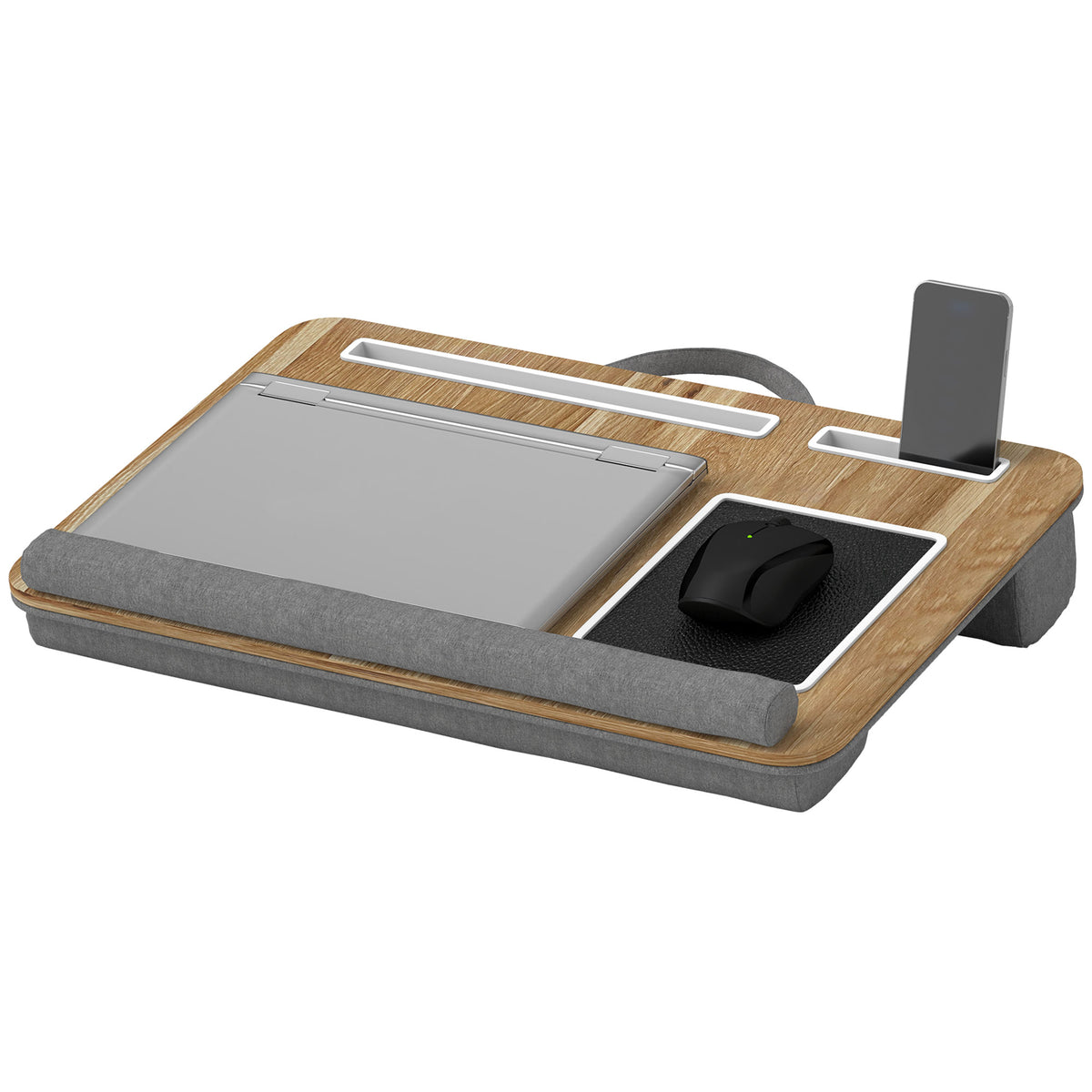HOMCOM Lap Desk for Bed Sofa, Laptop Tray with Cushion Mouse Pad, Wrist Rest & Phone Holder, Fits Up to 15.6" Laptops, Oak Grey