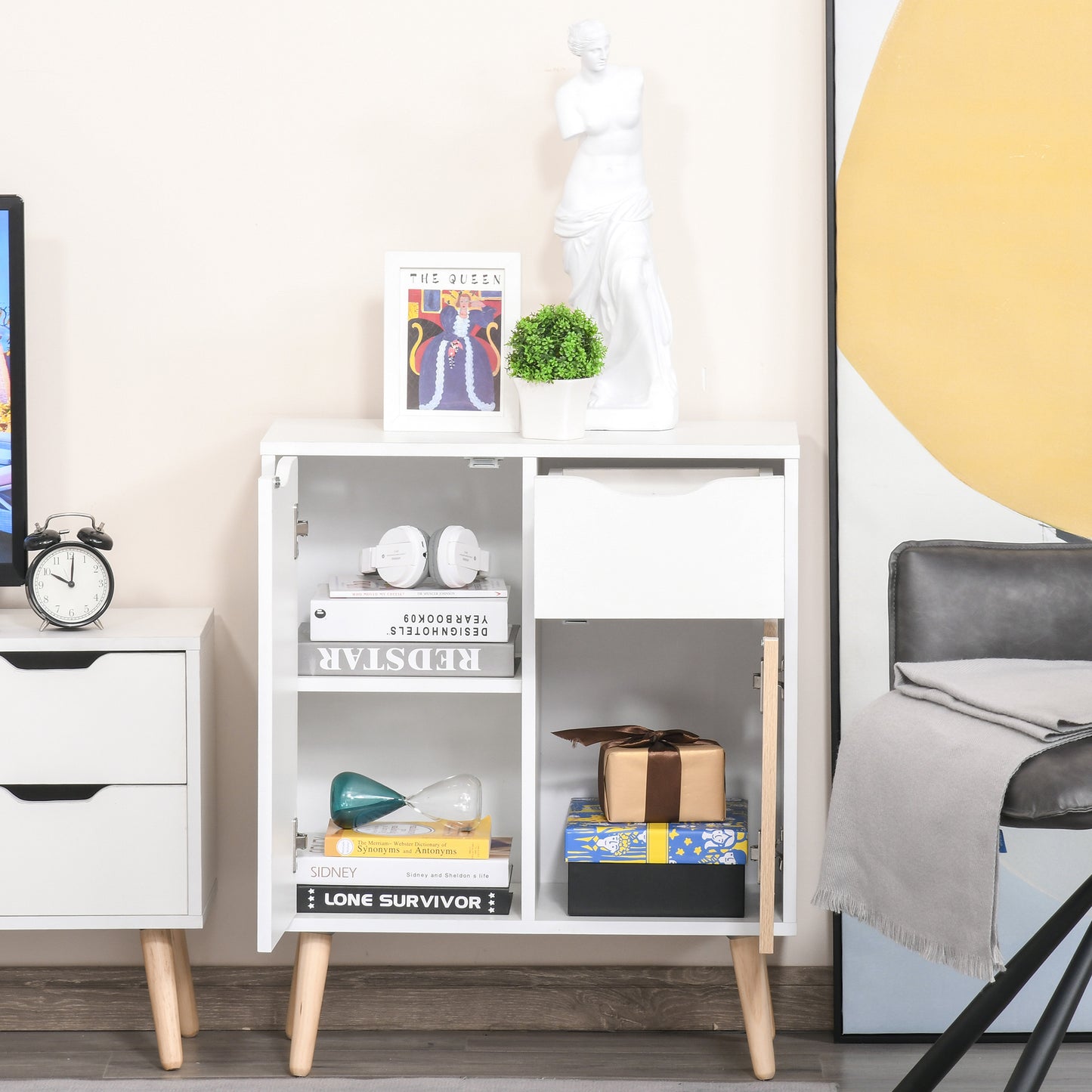 HOMCOM Sideboard Floor Cabinet Storage Cupboard with Drawer and Solid Wood Legs for Bedroom, Living Room, Entryway, Brown