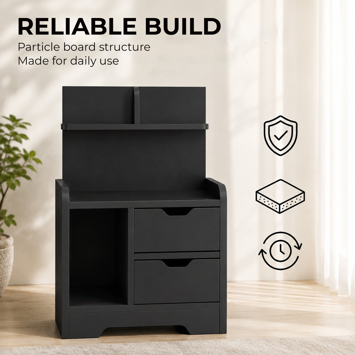 HOMCOM Bedside Table, Small Bedside Cabinet with 2 Drawers and Storage Shelves for Bedroom, Black Wood Effect