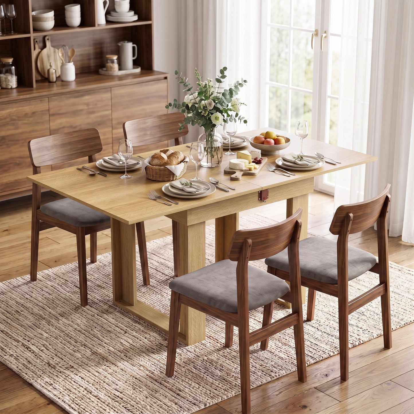 HOMCOM Folding Dining Table Under-Table Storage Extendable Kitchen Table Steel Rail Oak Effect