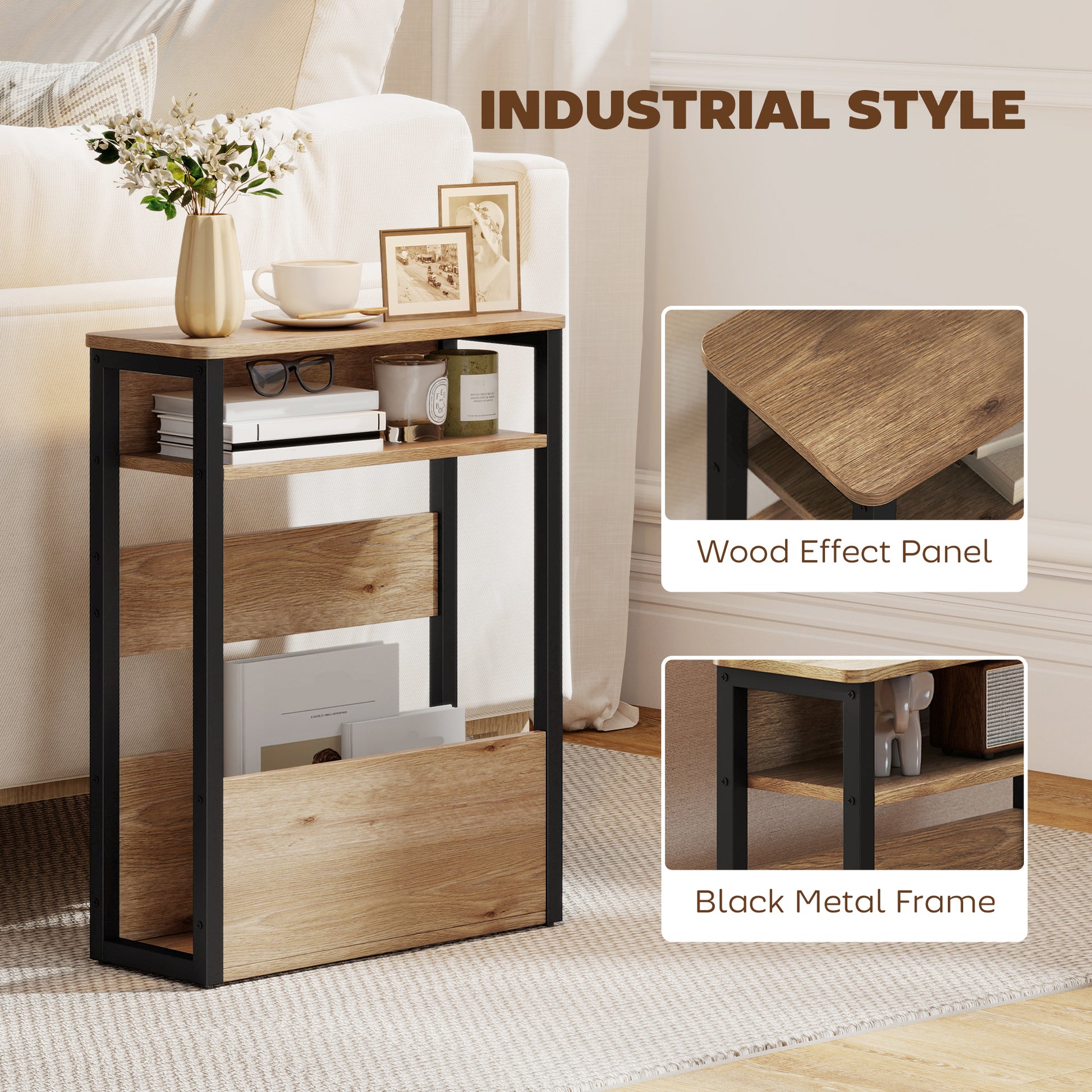 HOMCOM Industrial-Style Side Table - Black/Walnut Brown