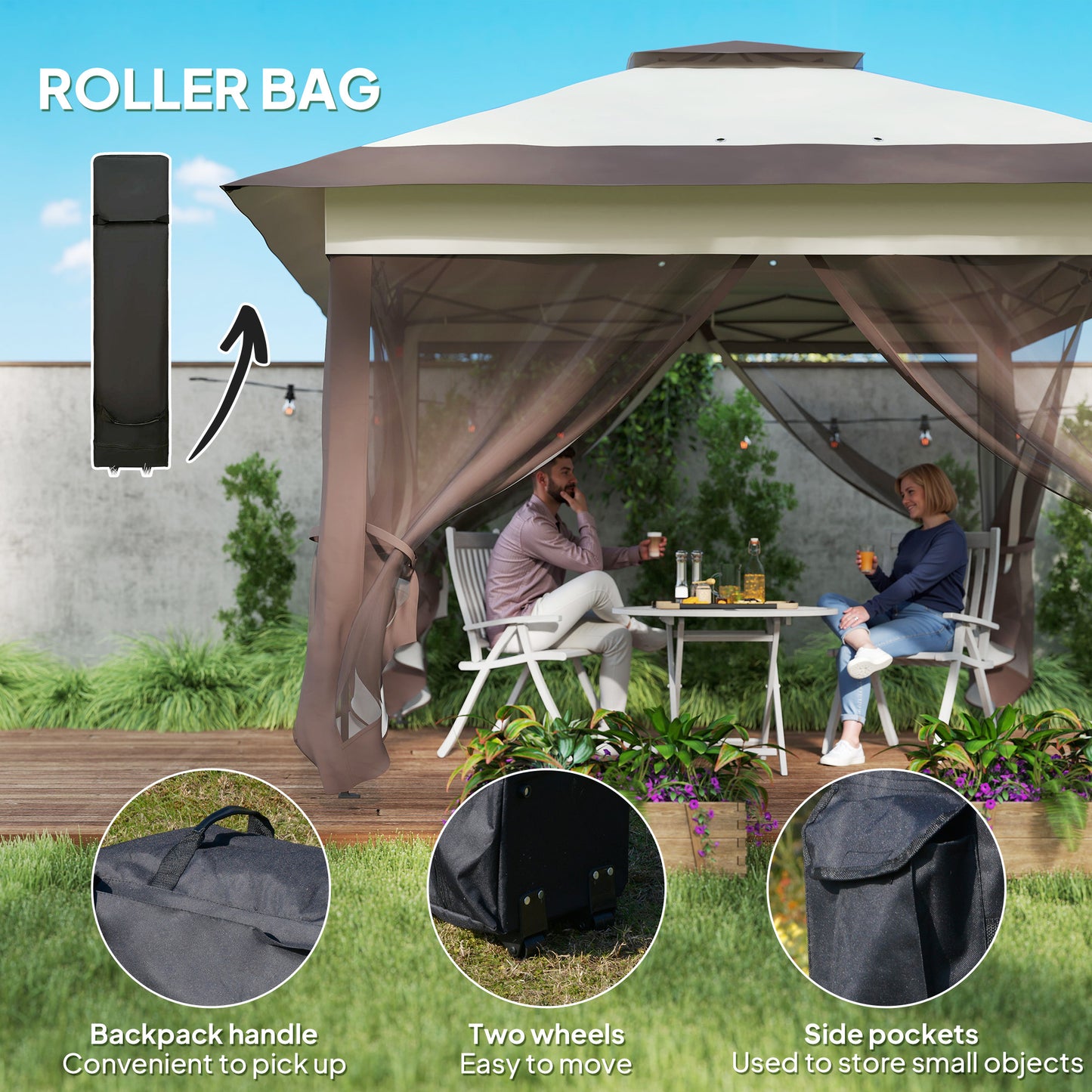 Outsunny 3.6 x 3.6 m Pop up Gazebo with Netting, Height Adjustable Party Tent Instant Canopy Sun Shade Shelter, Khaki