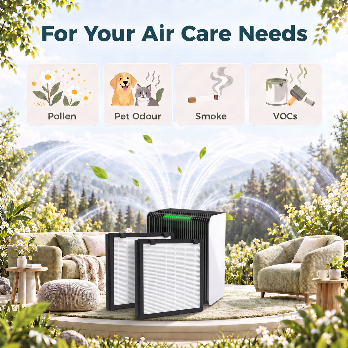 HOMCOM H13 True HEPA Replacement Filter for Air Purifier (Model 823-096), Activated Carbon Filter for Smoke, Pet Odour, 2 Pack