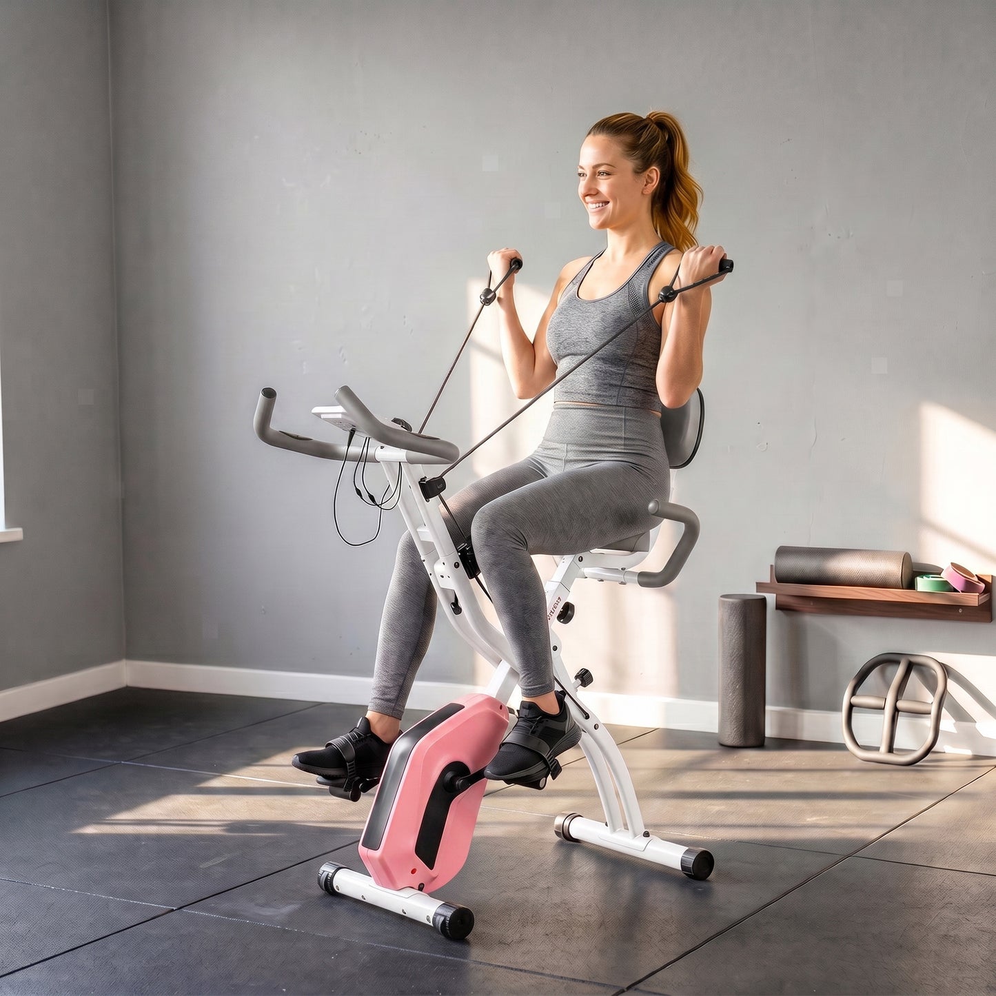 SPORTNOW 4-In-1 Folding Exercise Bike with Resistance Bands, Bluetooth App, 8-Level Magnetic Resistance, LCD Display, Pink