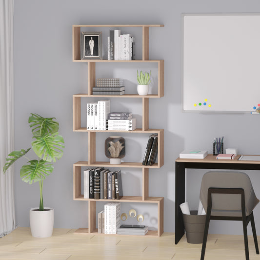 HOMCOM Bookcase, 6 Tier Shelf S Shaped Bookshelf, Storage Unit, Display Shelf for Living Room, Bedroom, Home Office, Plant, Maple
