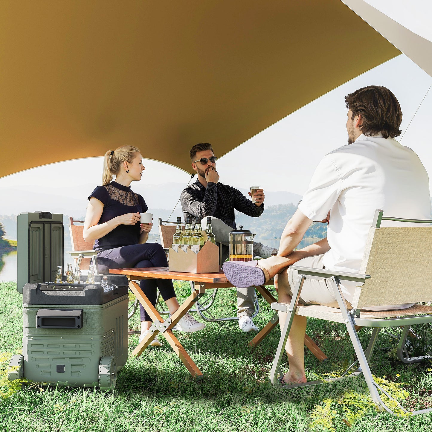 Outsunny 33L Car Fridge Freezer Dual Zone, Portable Camping Fridge 12V/24V DC & 100-240V AC, Electric Cool Box -20â„ƒ-20â„ƒ with Wheels and LED Light, for Travel, RV, Road Trip, Picnic [Energy Class E]