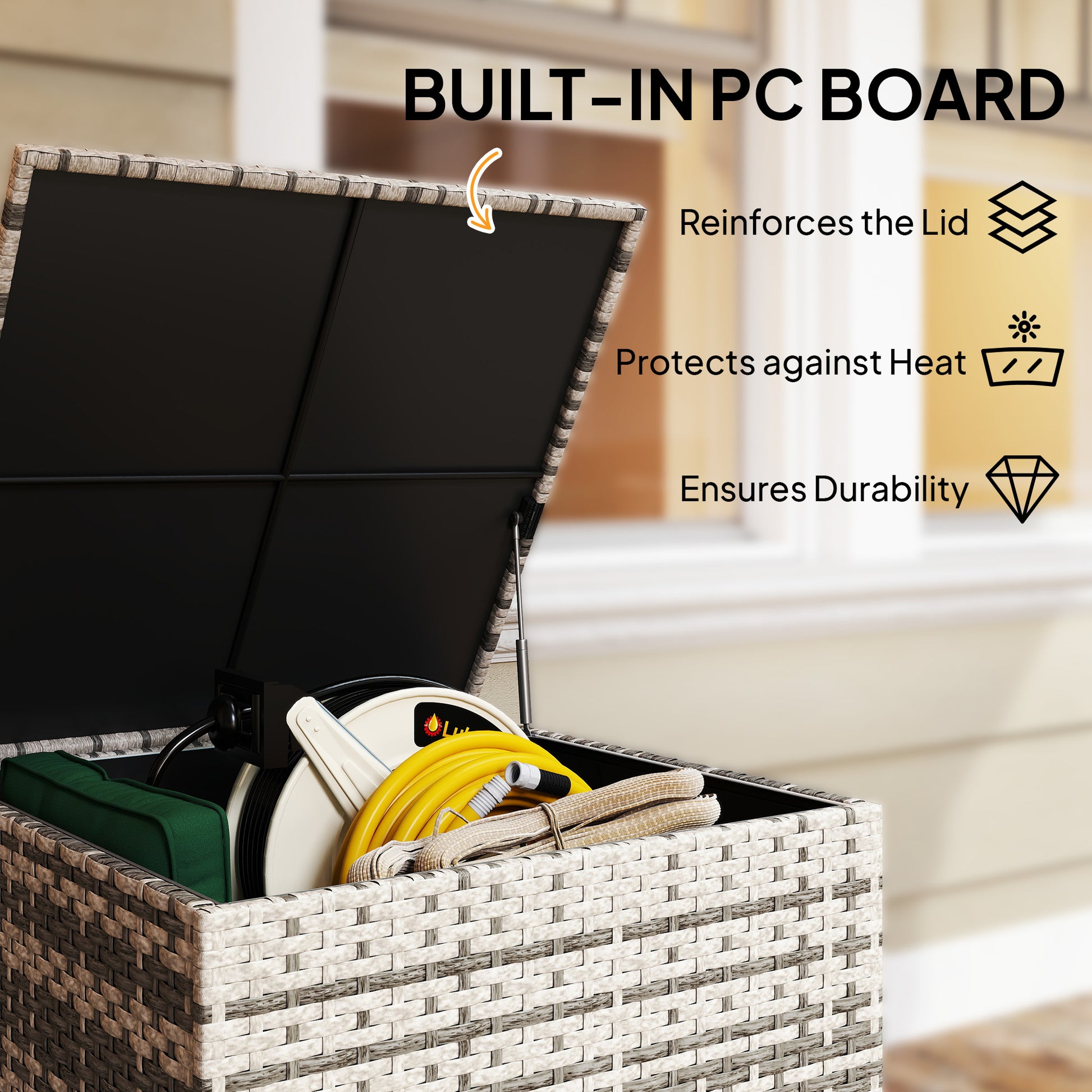 Outsunny 253L Garden Storage Box, Rattan Deck Box with Zipped Liner, Safe Pneumatic Rod, Patio Storage Container, Mixed Grey