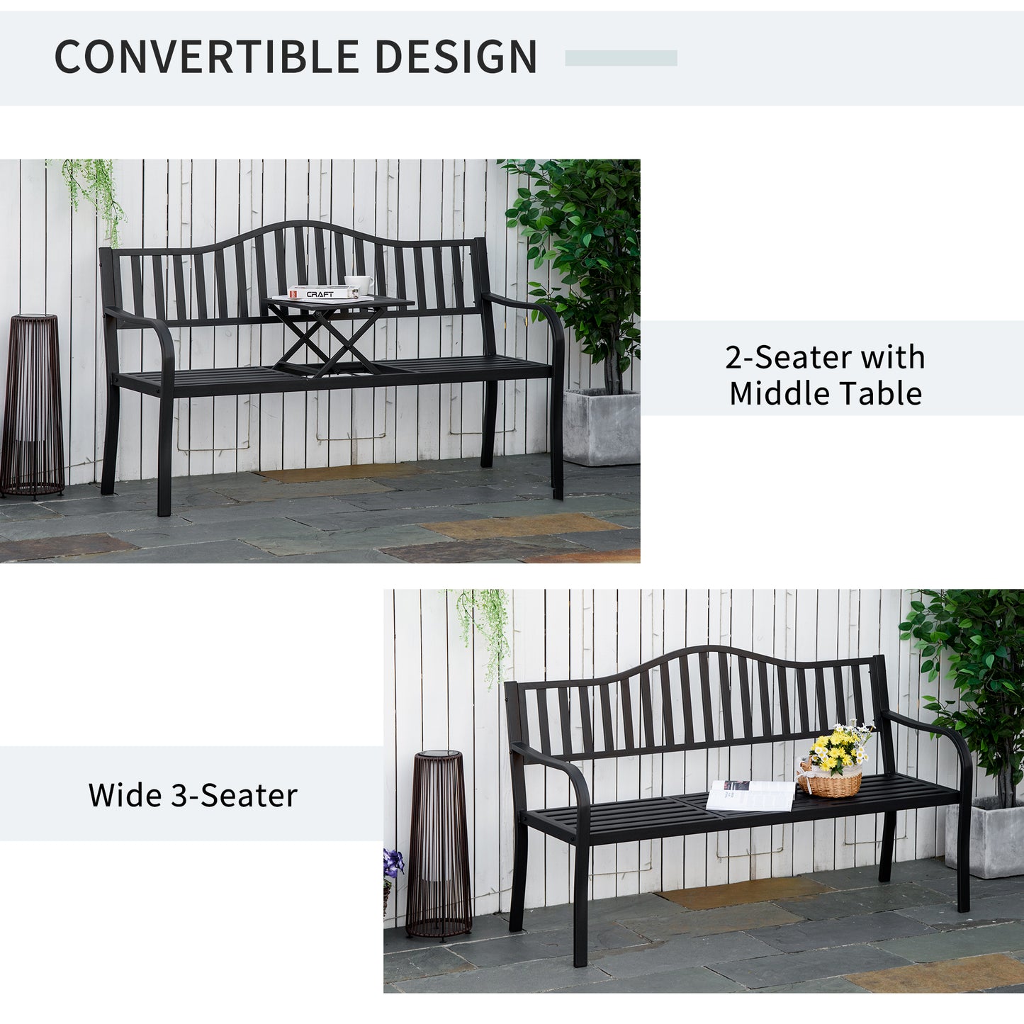 Outsunny Metal Outdoor Bench with Liftable Middle Table, Patio Loveseat, Garden Bench for Garden, Porch, Seats 2â€“3 People, Black